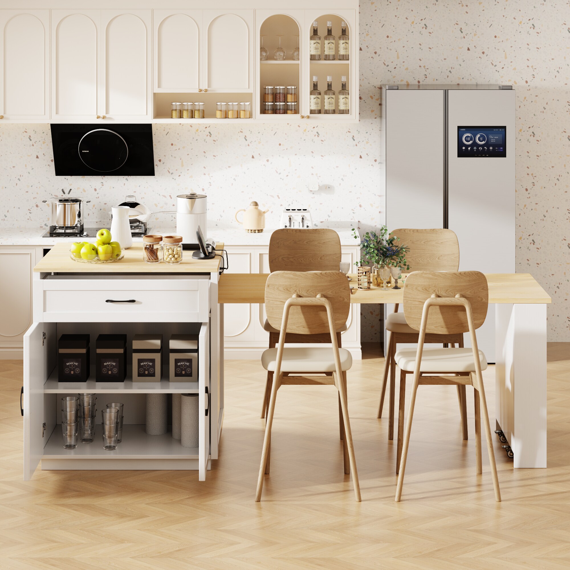 Runesay White Mdf Base with Mdf Wood Top Rolling Kitchen Island (27.6-in x 82.7-in x 36.2-in)