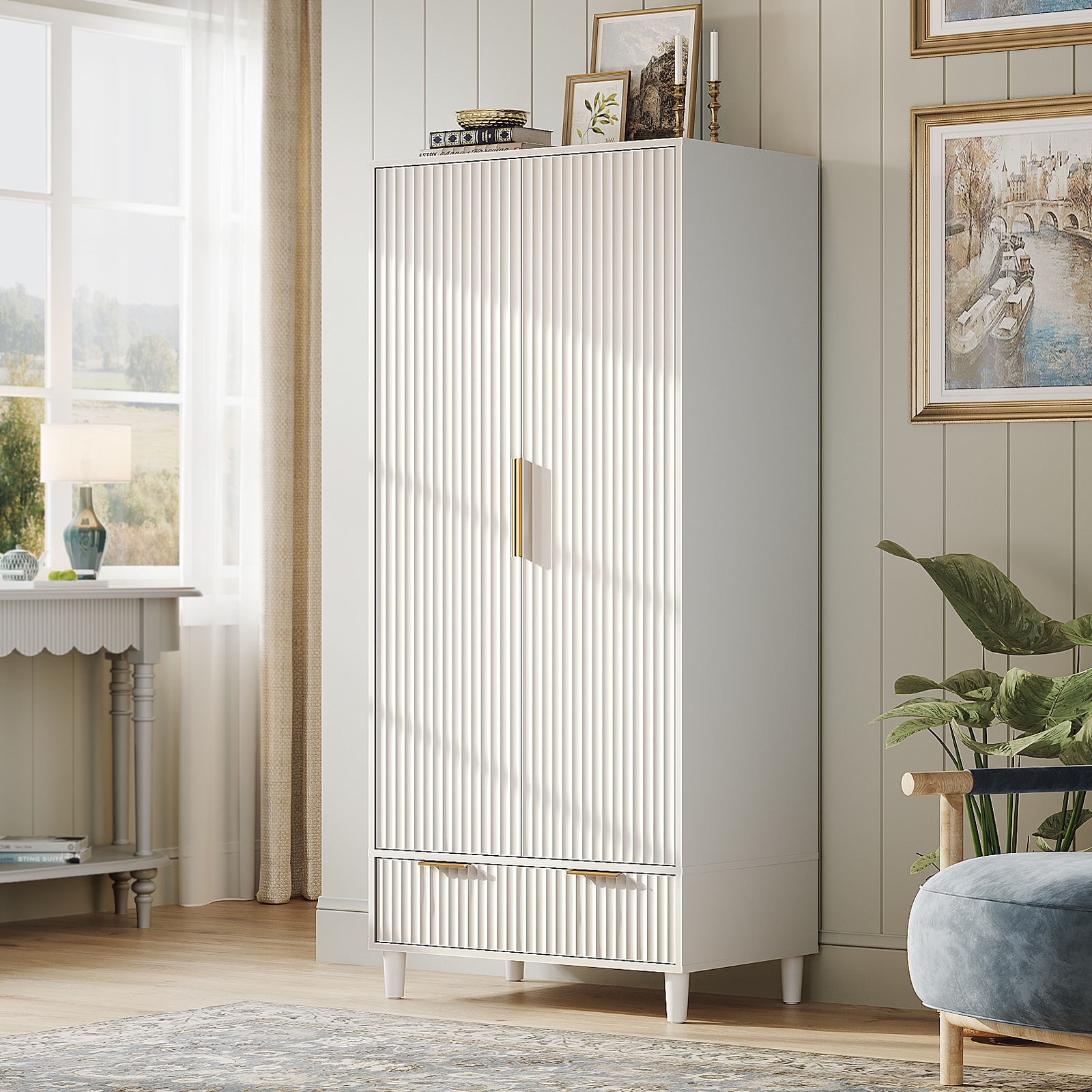 VINGLI - 19.7D x 31.5W x 69.3H Fluted Armoire with Hanging Rack and Doors for Bedroom/Wardrobe Ca...