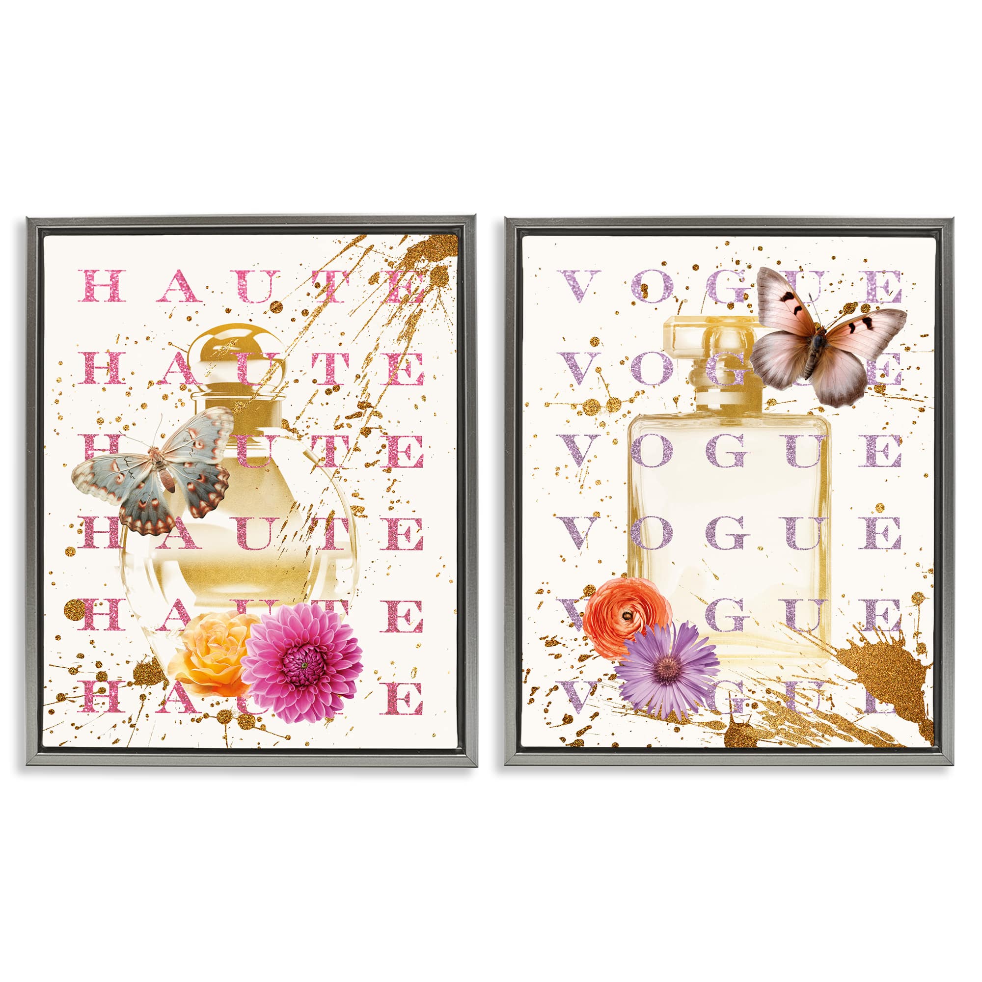 Stupell Industries B2-737-FFL-2PC-24X30 Glam Perfumes with Butterflies 2 Piece Gray Framed Floater Canvas Set By Susan Arnot 31 x 25