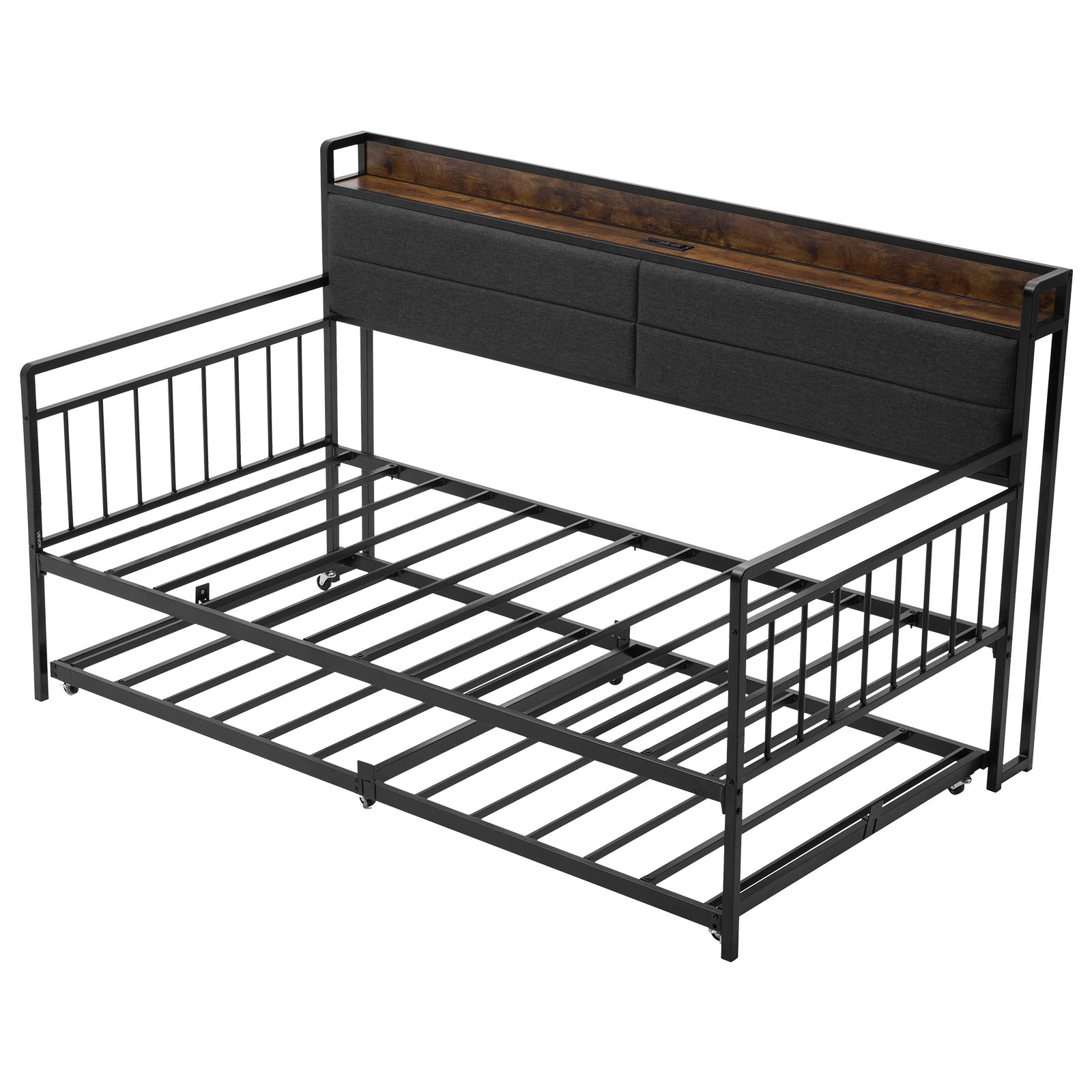 VEVOR Twin Size Daybed Frame Day Bed with Trundle Heavy Duty Metal Platform Bed Frame with Charging Station Twin Daybed with Metal Slats Support for Living Room Bedroom Guest Room Easy Assembly