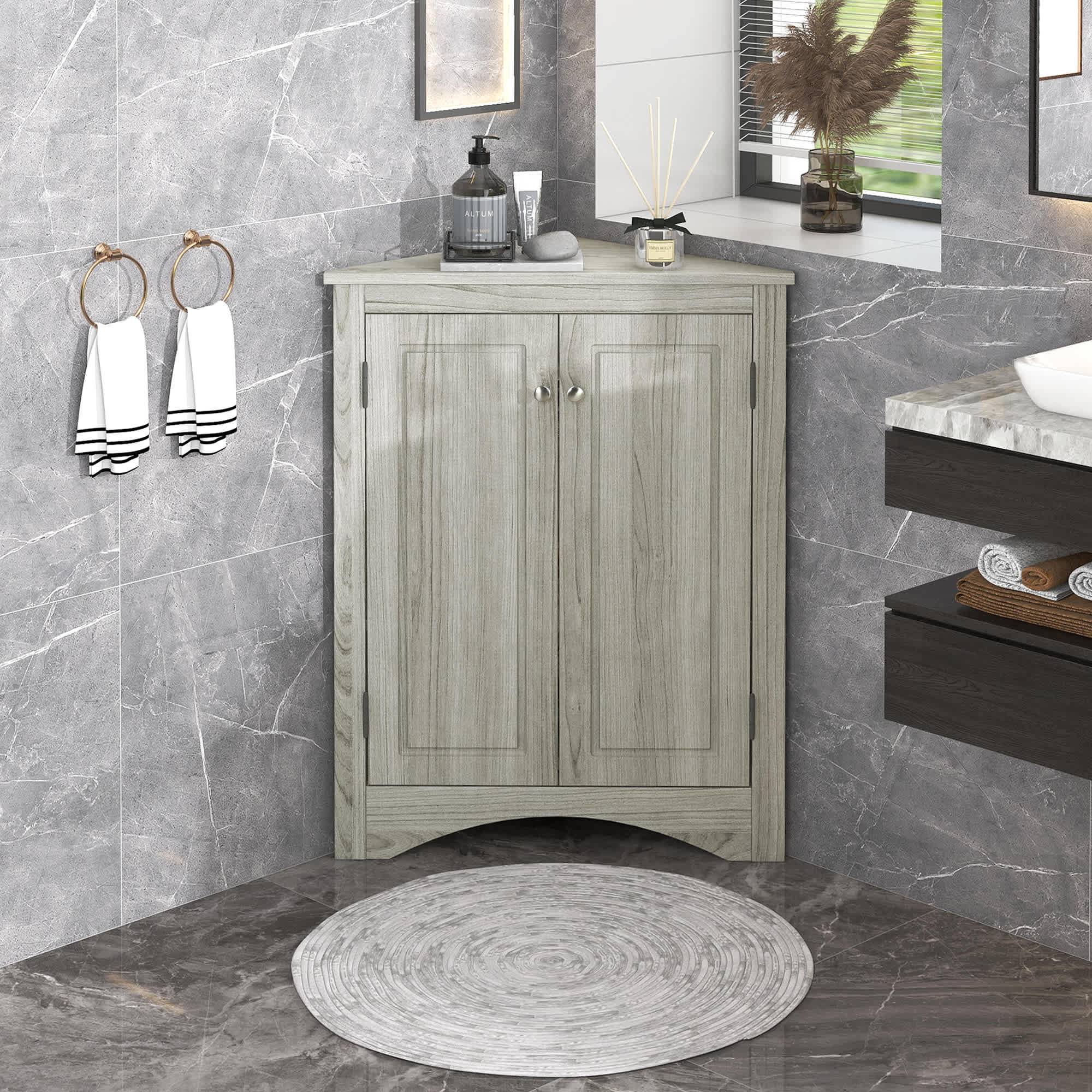Roomfitters - Triangle Bathroom Storage Cabinet with Adjustable Shelves Freestanding Floor Unit ...