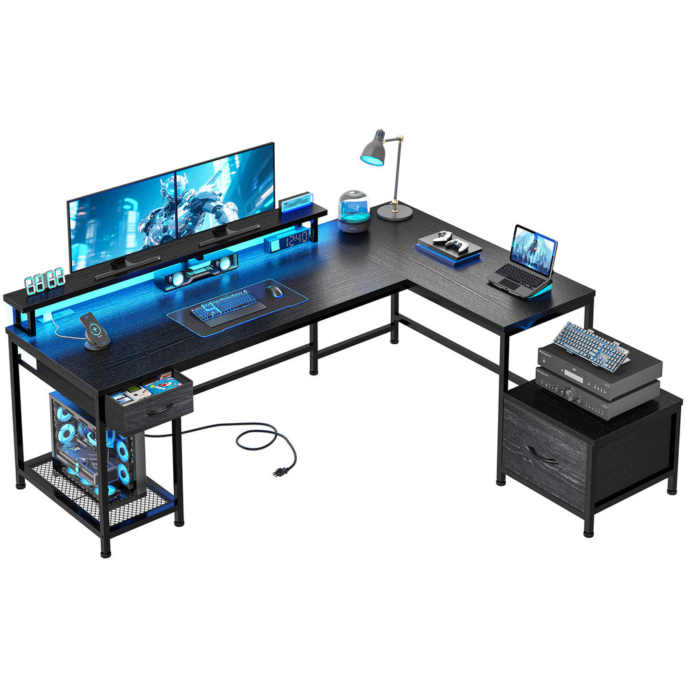 Raybee 63-in L-Shaped Steel and Wood Computer Desk with 2 Drawers and Printer Stand Gaming Desk with Power Outlets and Monitor Stand Black