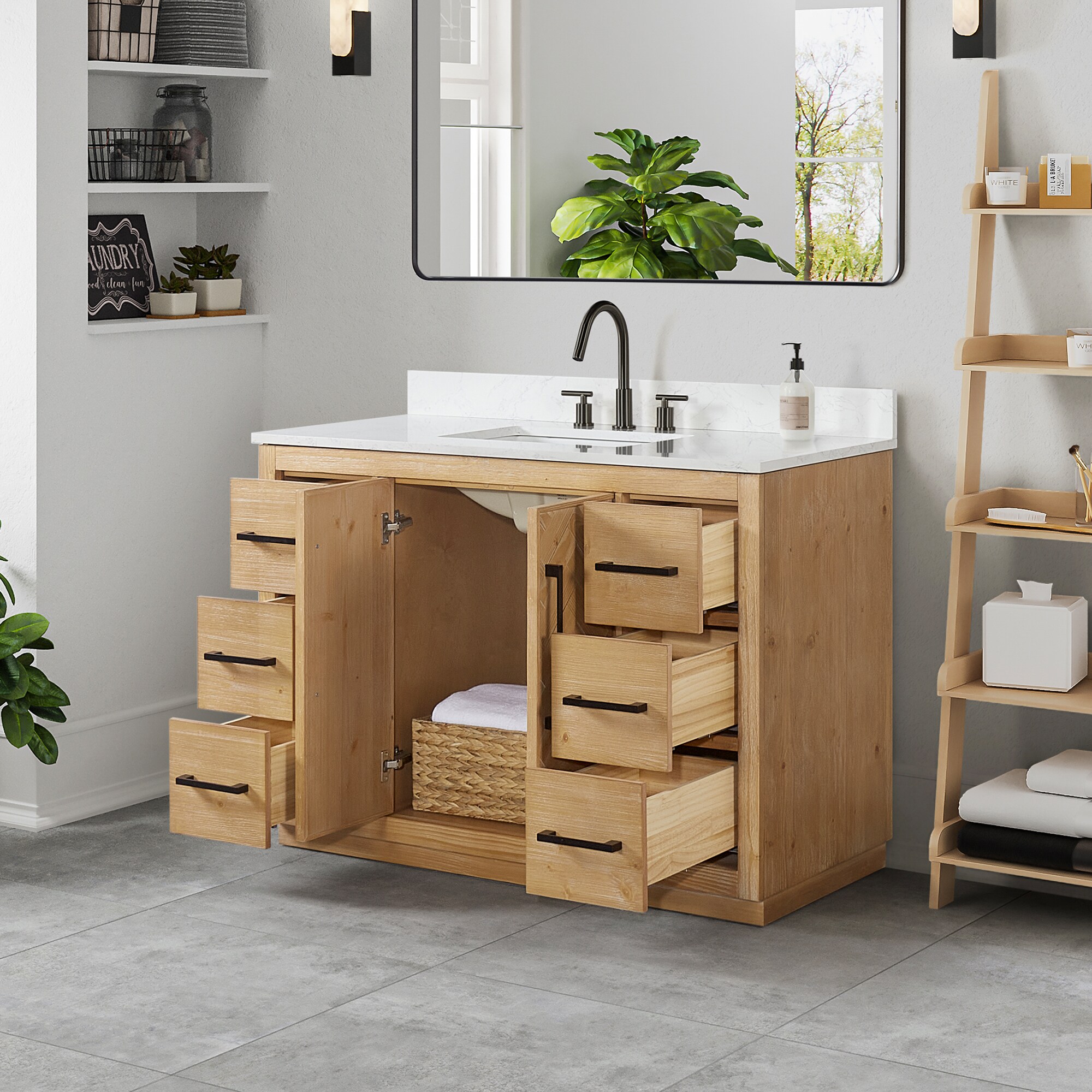 Jareth 48'' Natural Wood Single Bathroom Vanity with White Stone Top