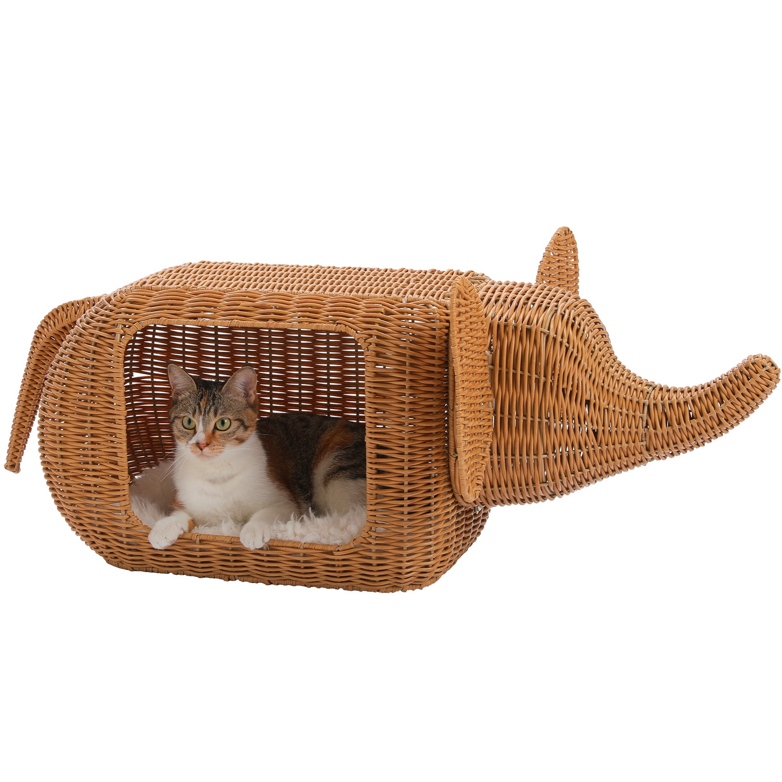Cenadinz Wicker Elephant Shaped Cat House with Plush Cushion Cat Condo Bed for Indoor Large Cats Small Dogs and Kittens