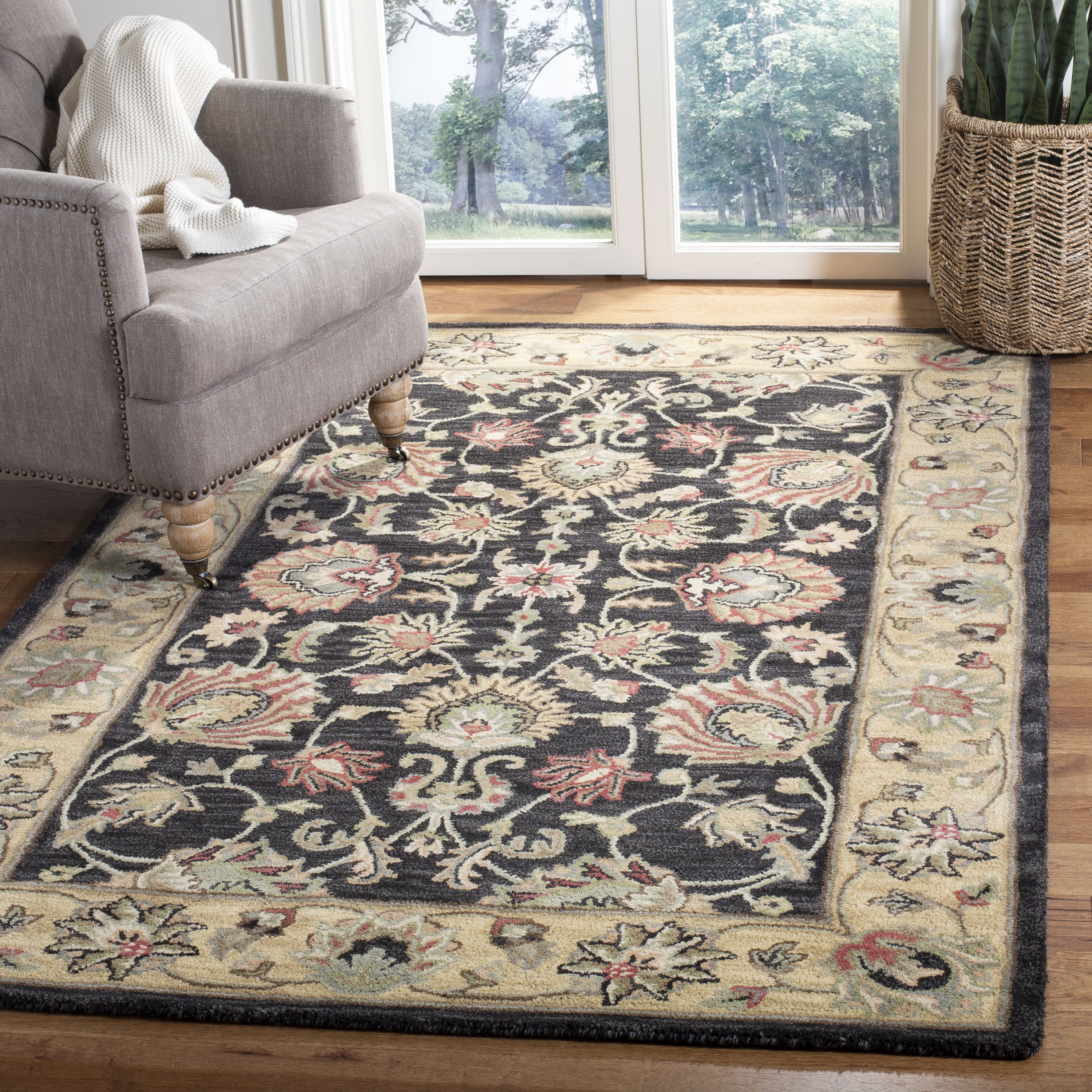 Safavieh HG343E-4 Heritage Kavili 4 x 6 (ft) Tufted Wool Charcoal/Gold Rectangular Indoor Floral/Botanical Oriental Area rug