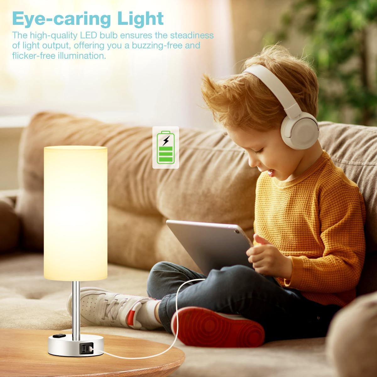 IUEST White Touch Bedroom Table Lamp with 3 Level Dimmable Lighting USB ...