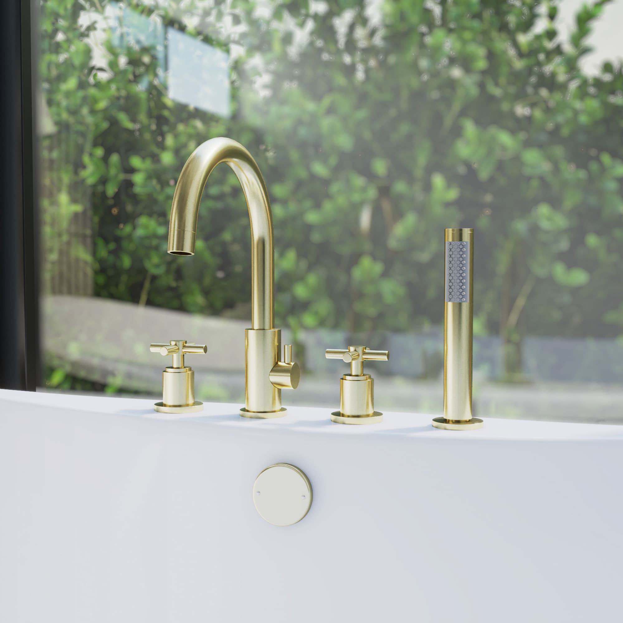 DreamLine FTAC1208X30 Atlantic Brushed Brass 2-handle Deck-mount Roman Mid-arc Bathtub Faucet with Hand Shower ( Valve Included )