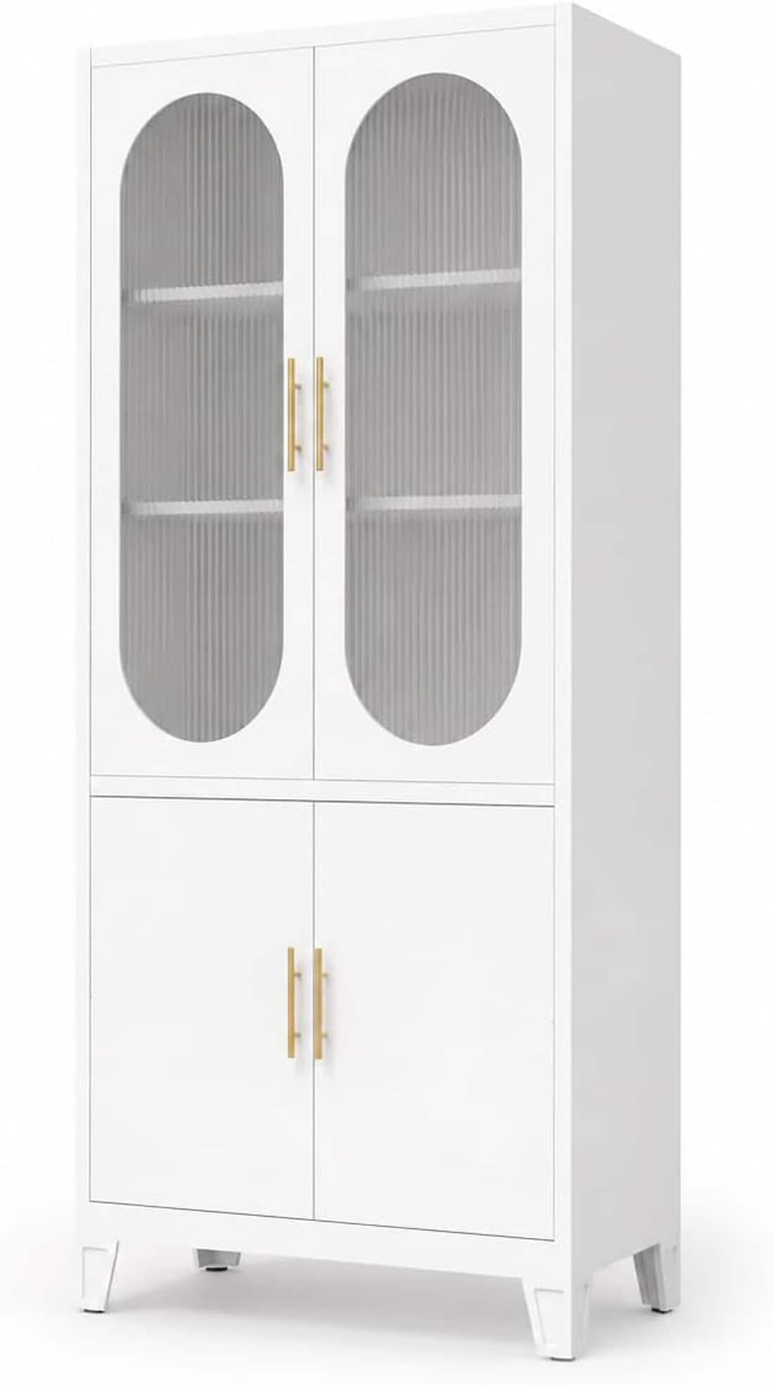 GAOMON 71 In Arched Storage Cabinet with Glass Doors Metal Pantry Cabinet with Adjustable Shelves White