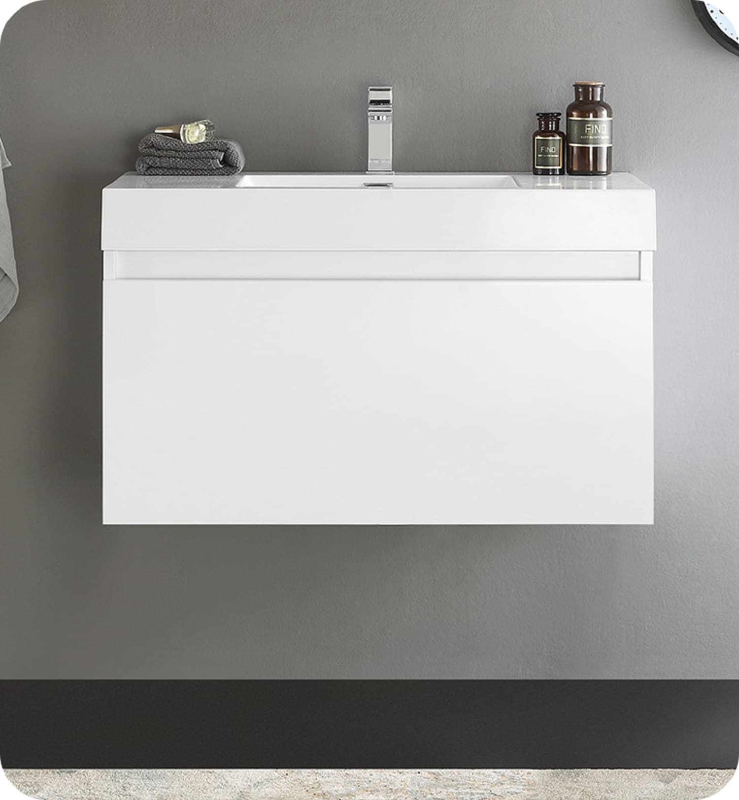 Glossy White 36" Wall-Mounted Single Sink Vanity with Acrylic Top