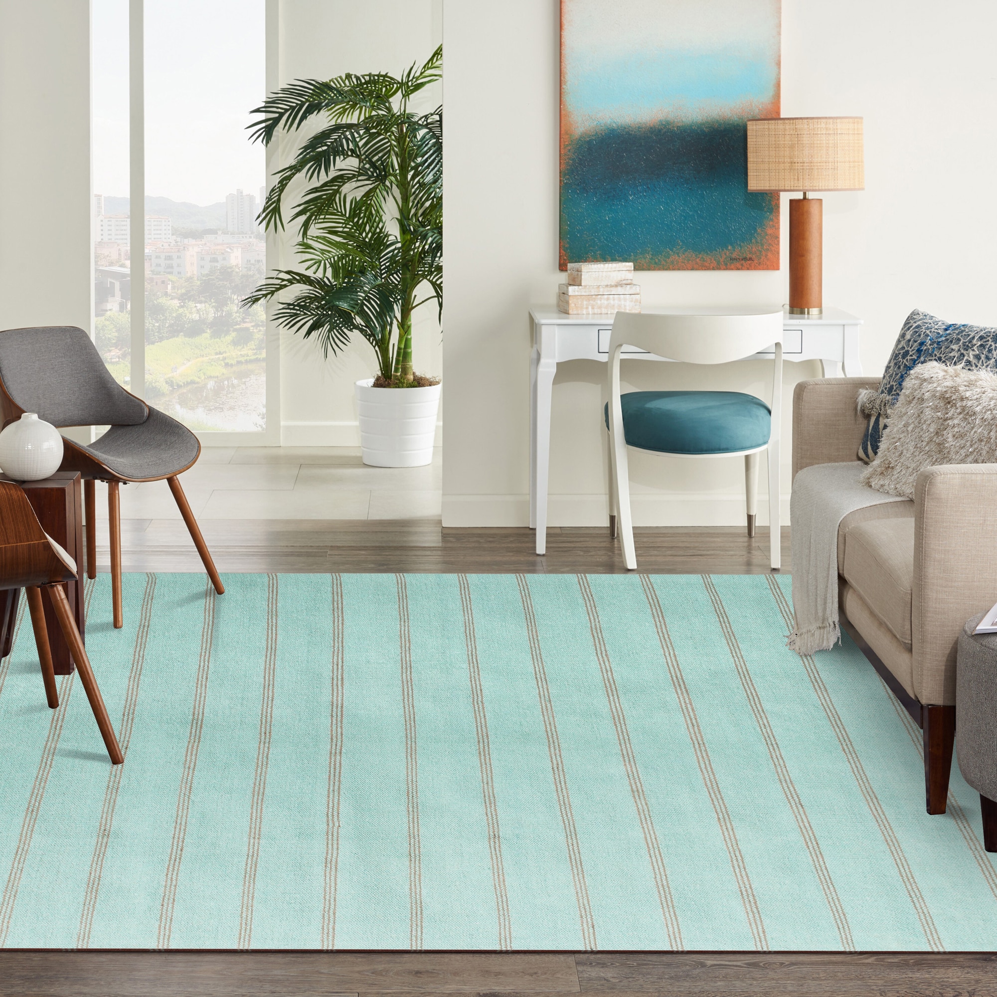 LR Home 0288A3184934J8 5 x 7 (ft) Cotton Light Green/Tan Rectangular Indoor Stripe Bohemian/Eclectic Area rug