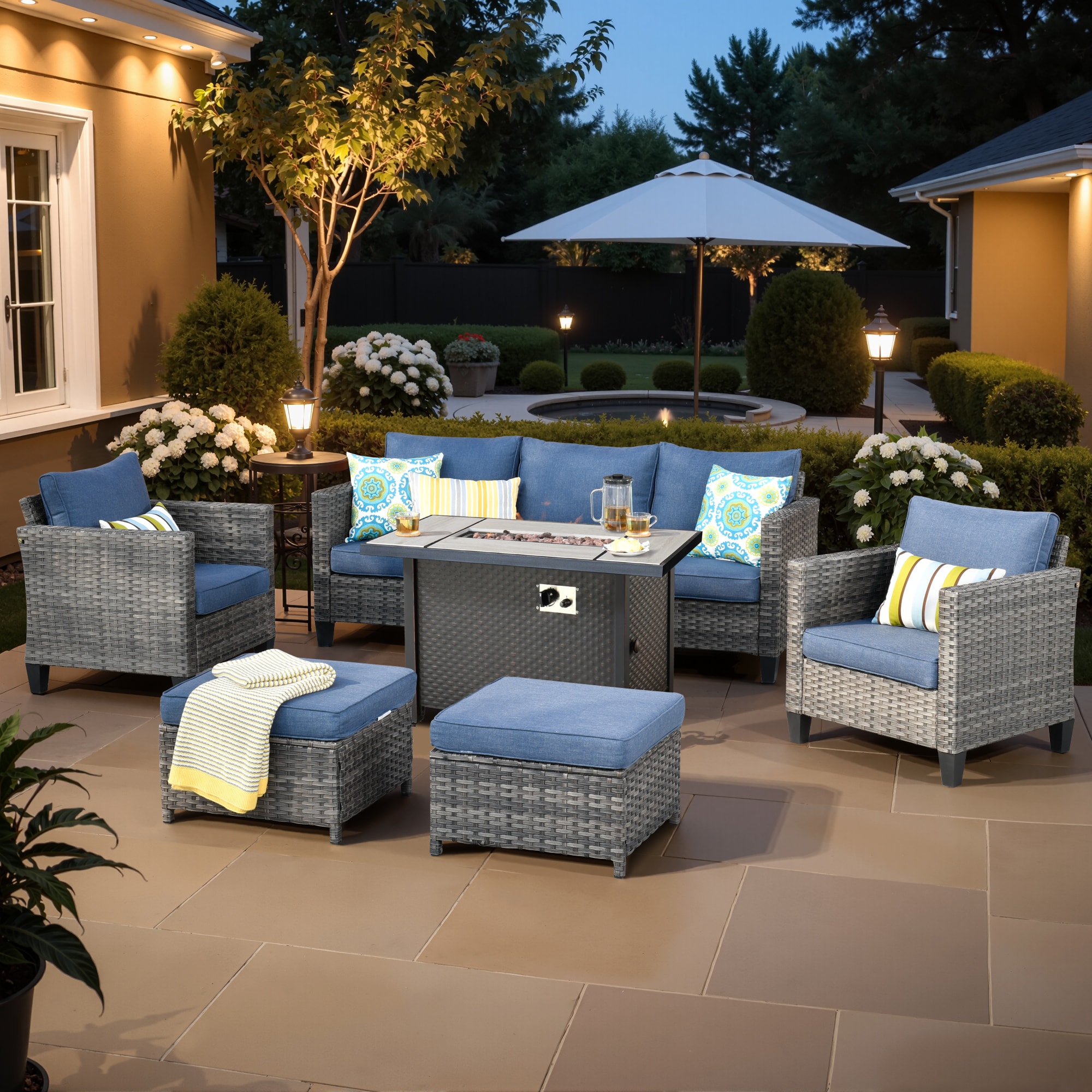 XIZZI XSQ30063-CFP Ruby 6 -Piece Rattan Patio Sofa Conversation Set with Blue Cushions