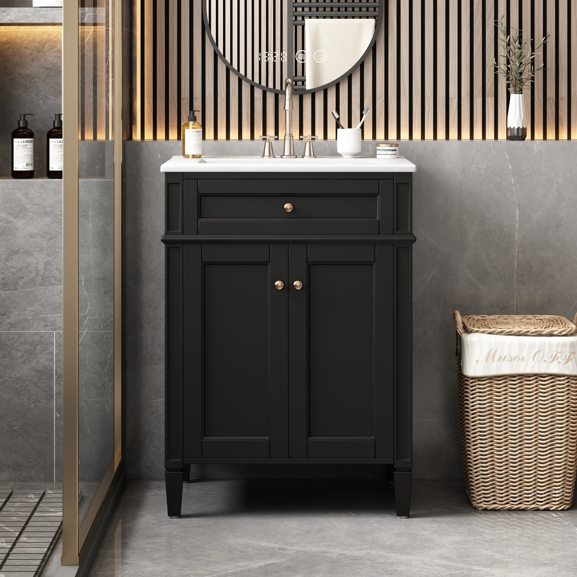 Tatayosi RY-P293309B 24 inches Bathroom Vanity with 2 Doors and Tip-Out Drawer Bathroom Storage Cabinet with Sink Soft-Closing Doors with Organizers