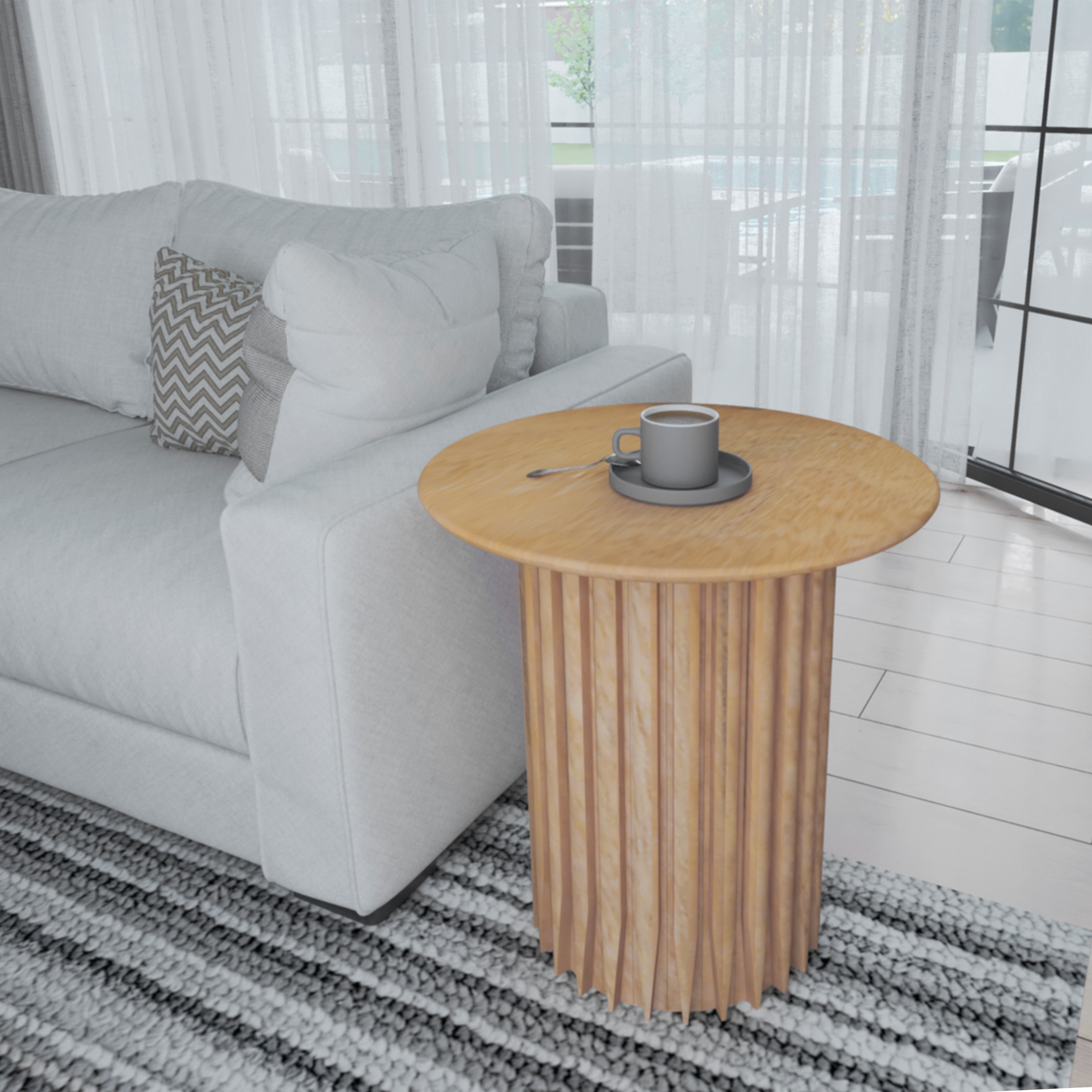 Light Brown Mango Wood Round Dinner Table with Ridged Plinth Base