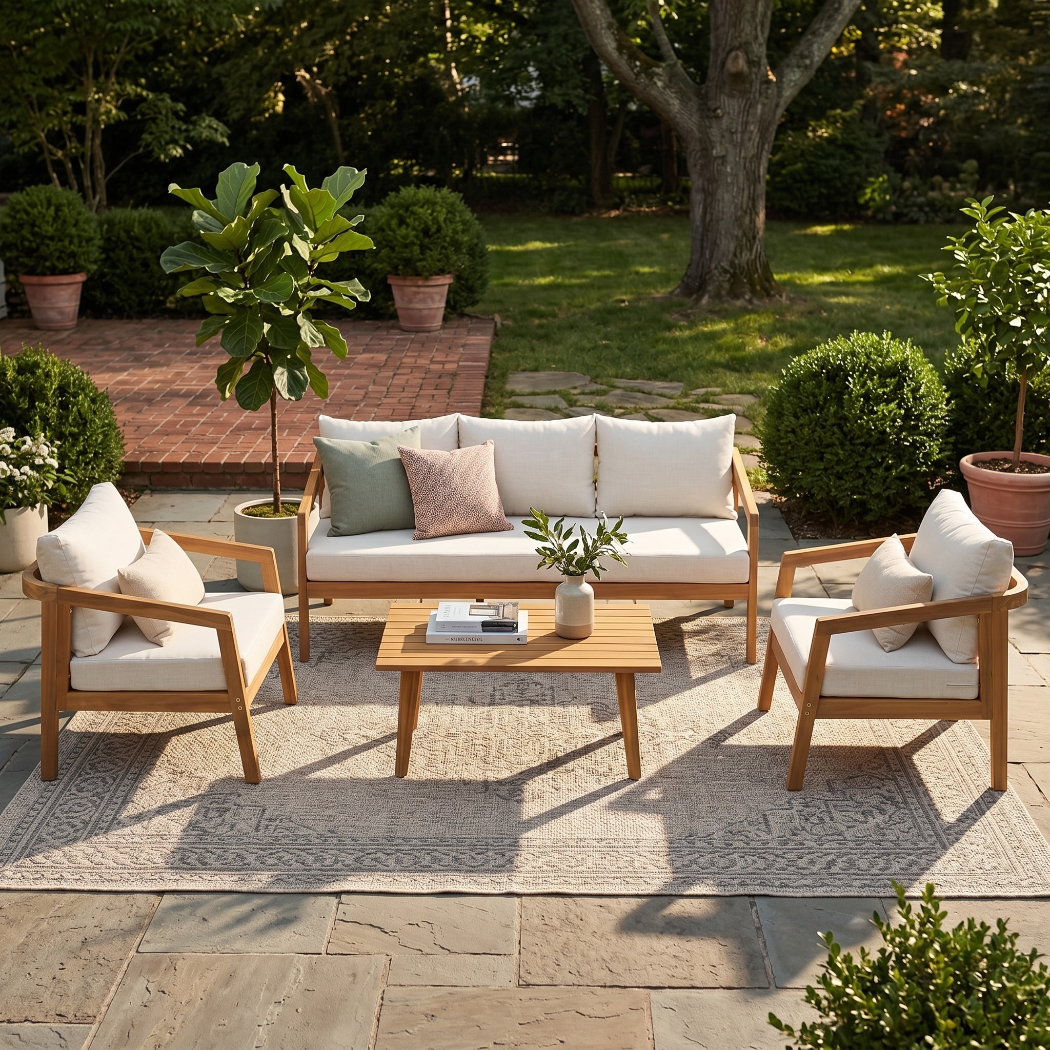 RITSU - 5-Person Acacia Wood Cushioned Modular Patio Sectional Sofa Set with Comfort Cushions fo...