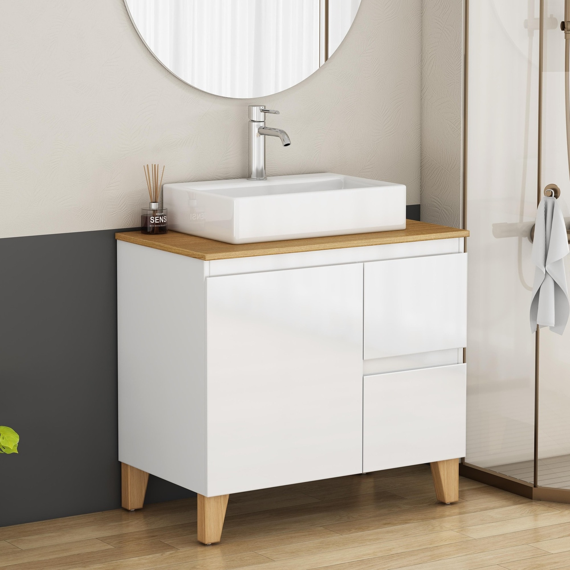 IAK 32 inch Glossy White Solid Wood and MDF Modern Bathroom Vanity with Sink Combo with 1 Door and 2 Big Drawers Soft Close System and Handle Free Design