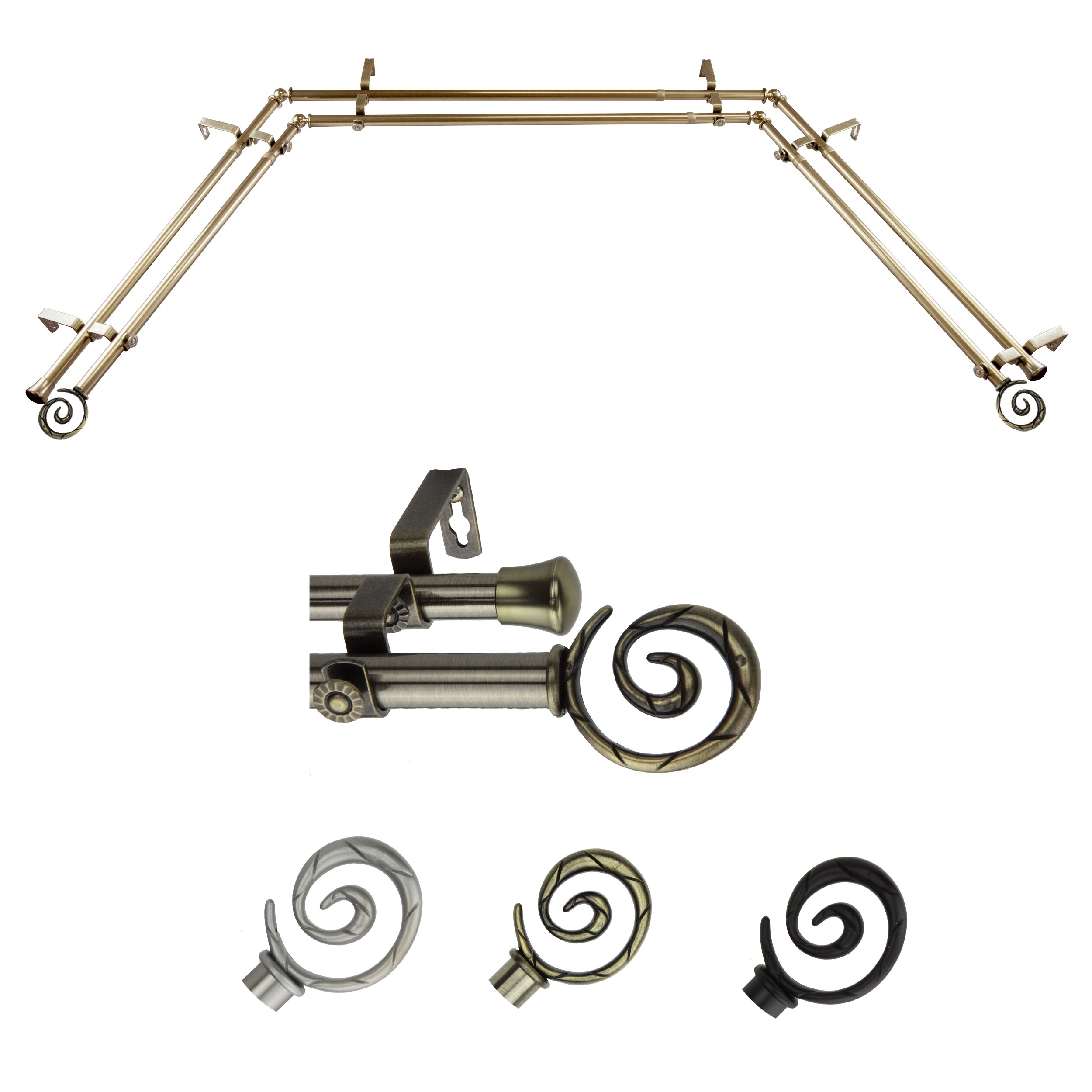 Hart & Harlow LO-ABAY-27-4D 72-in to 144-in Antique Brass Steel Bay window curtain rod with Finials
