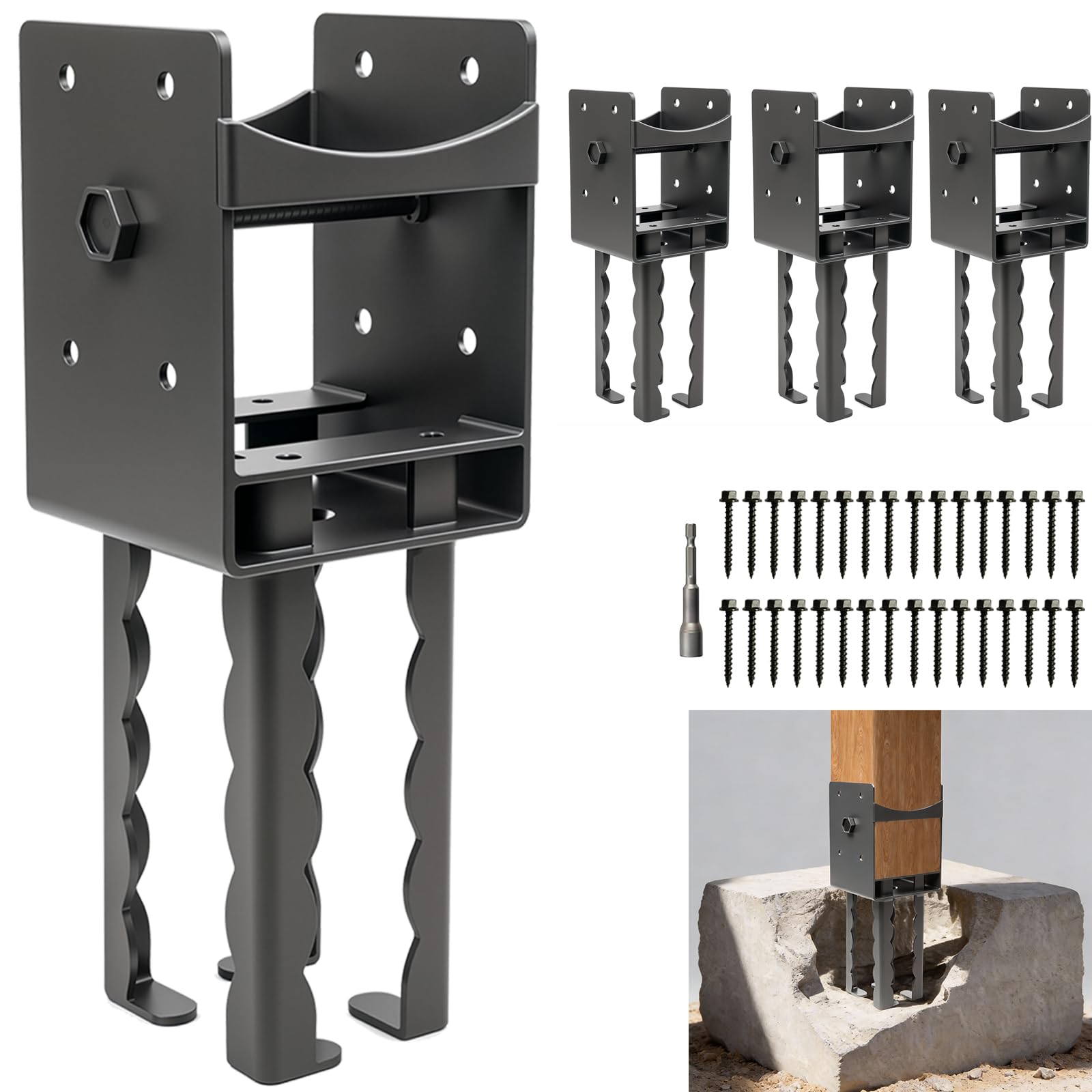 ITOPFOX  4x4 Concrete Post Anchors 4 Pack Heavy Duty Carbon Steel Post Brackets with Ventilated U Base for Concrete Foundations Deck Railings