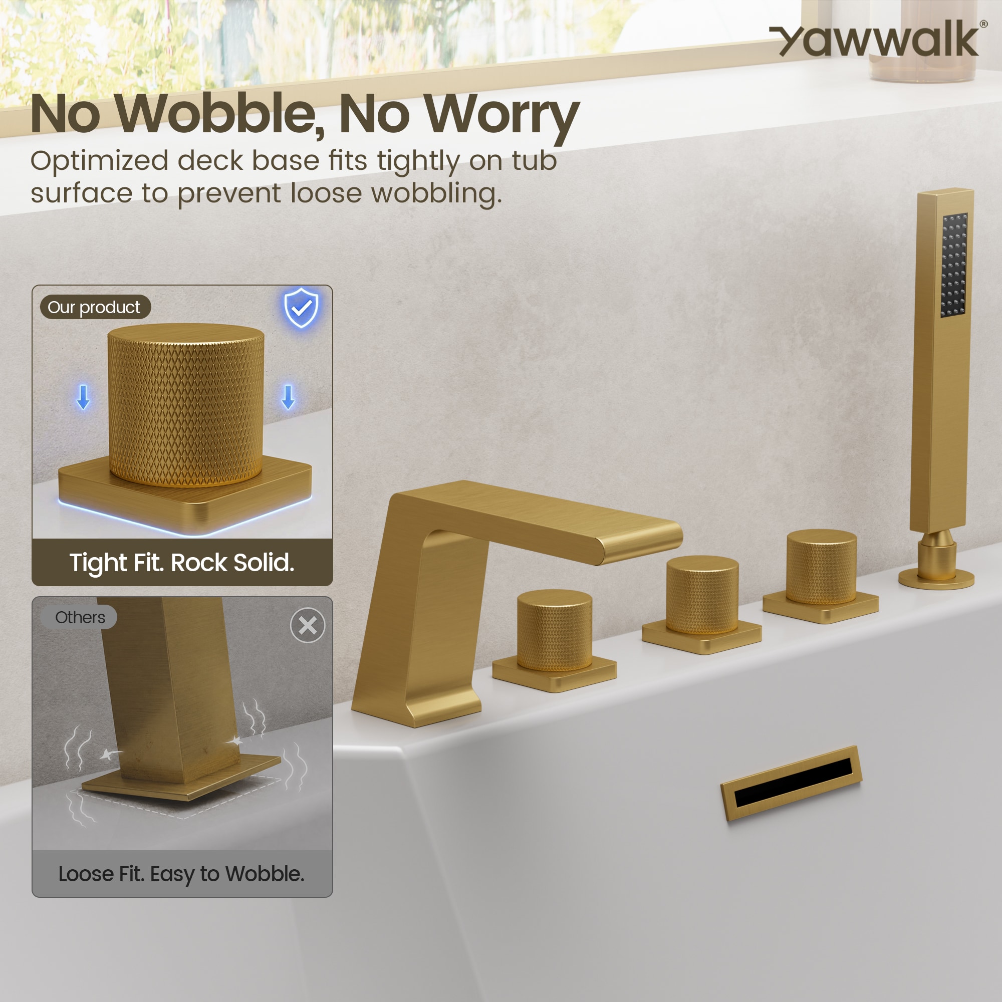 YAWWALK High Flow 3 Handle Deck Mount Roman Tub Faucet with Waterfall ...