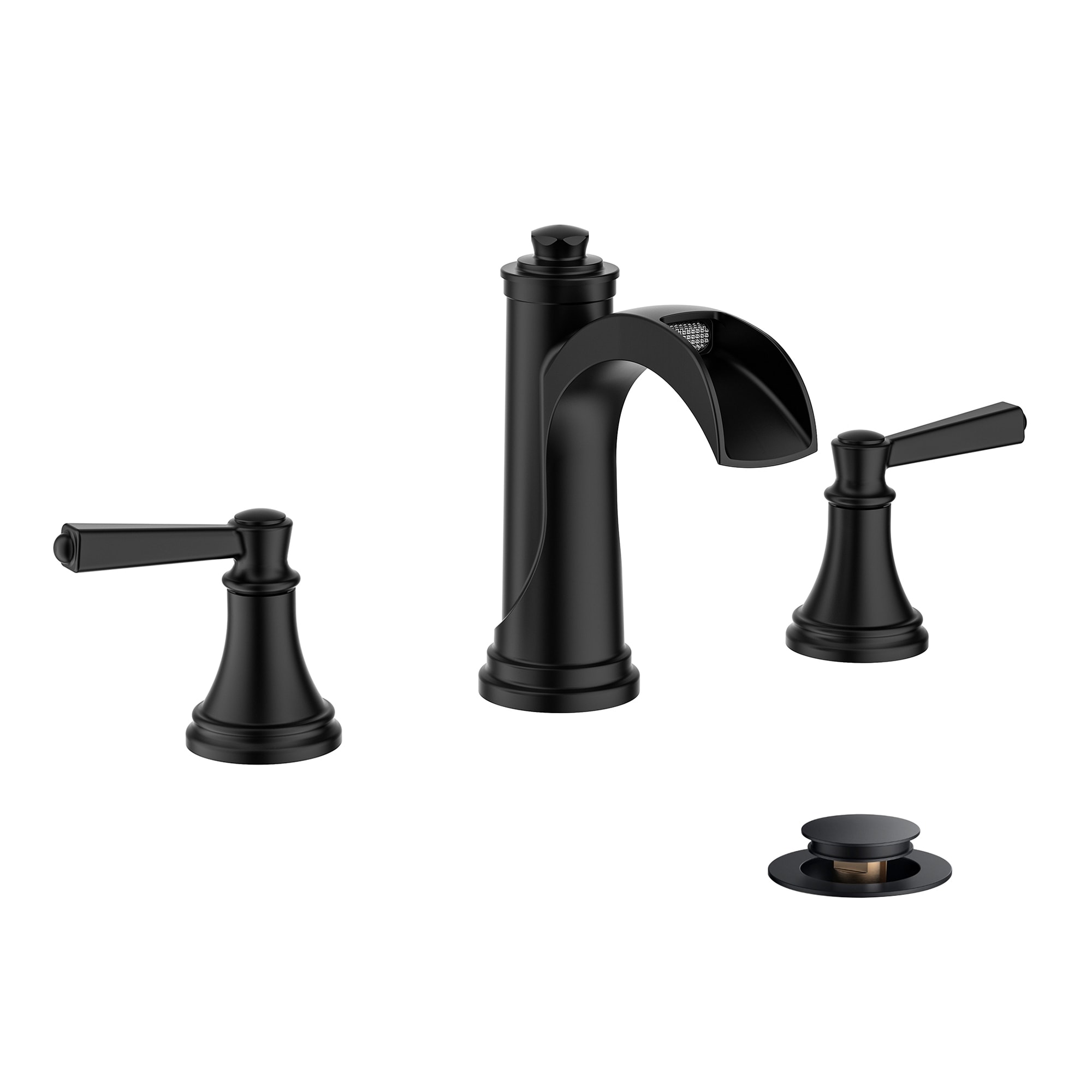 FURUISI LLA3120B Matte Black Widespread 2-handle Waterfall Commercial/Residential Handle Bathroom Sink Faucet with Drain