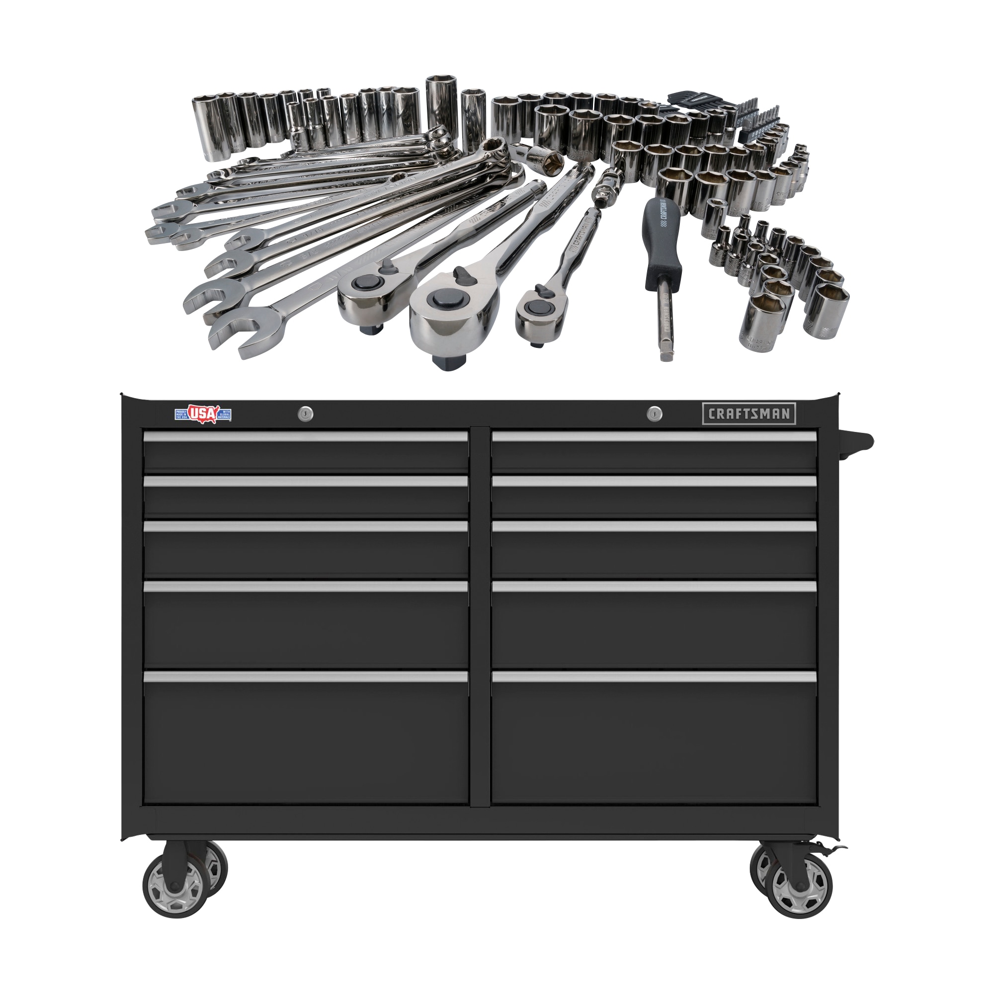 CRAFTSMAN 2000 Series 52-in W x 37.5-in H 10-Drawer Steel Rolling Tool Cabinet (Black) & 121-Piece Standard (SAE) and Metric Combination Gunmetal