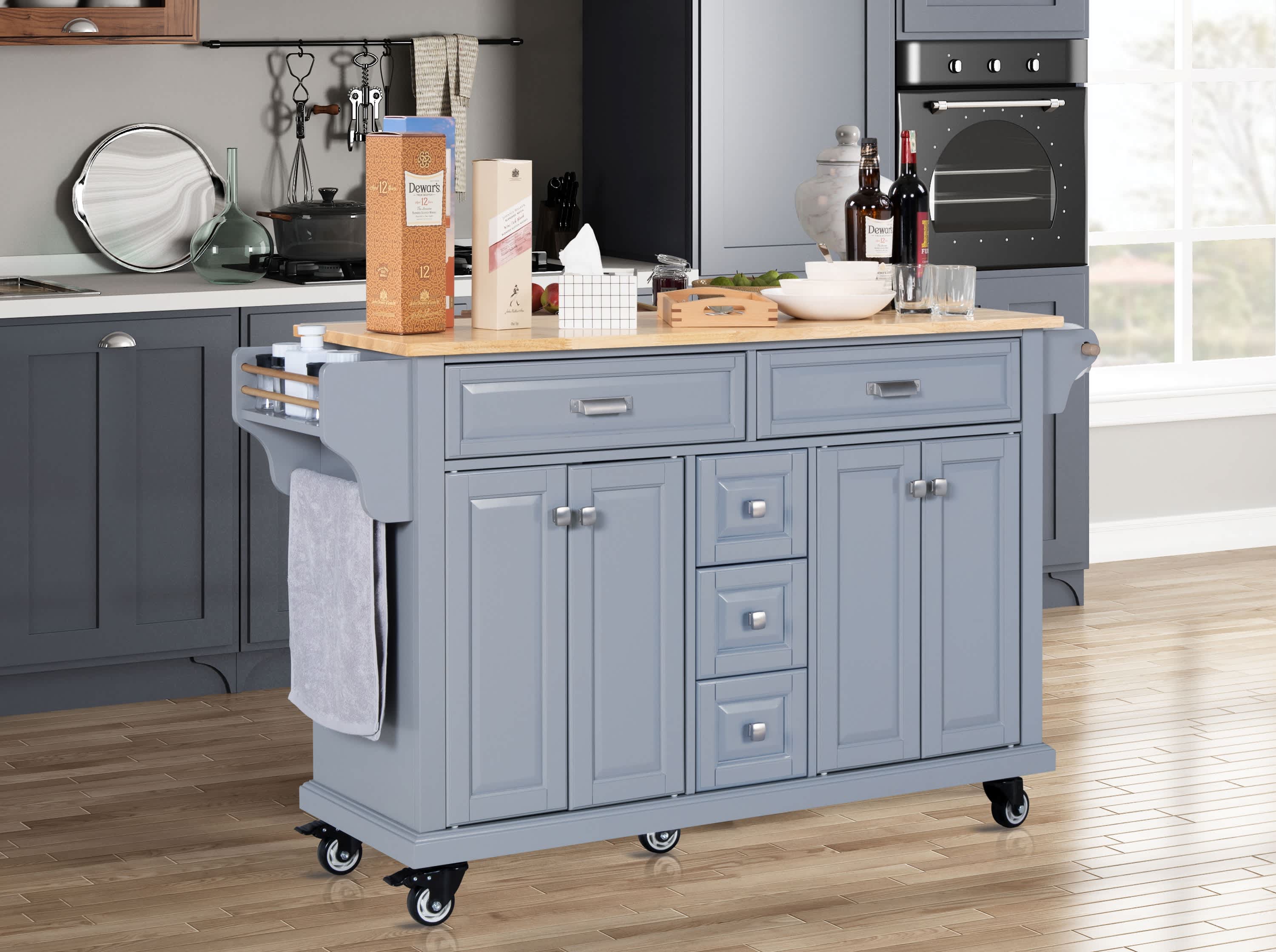 Vynxaria Kitchen Island Rubberwood Countertop 5 Wheel Rolling Cart with ...