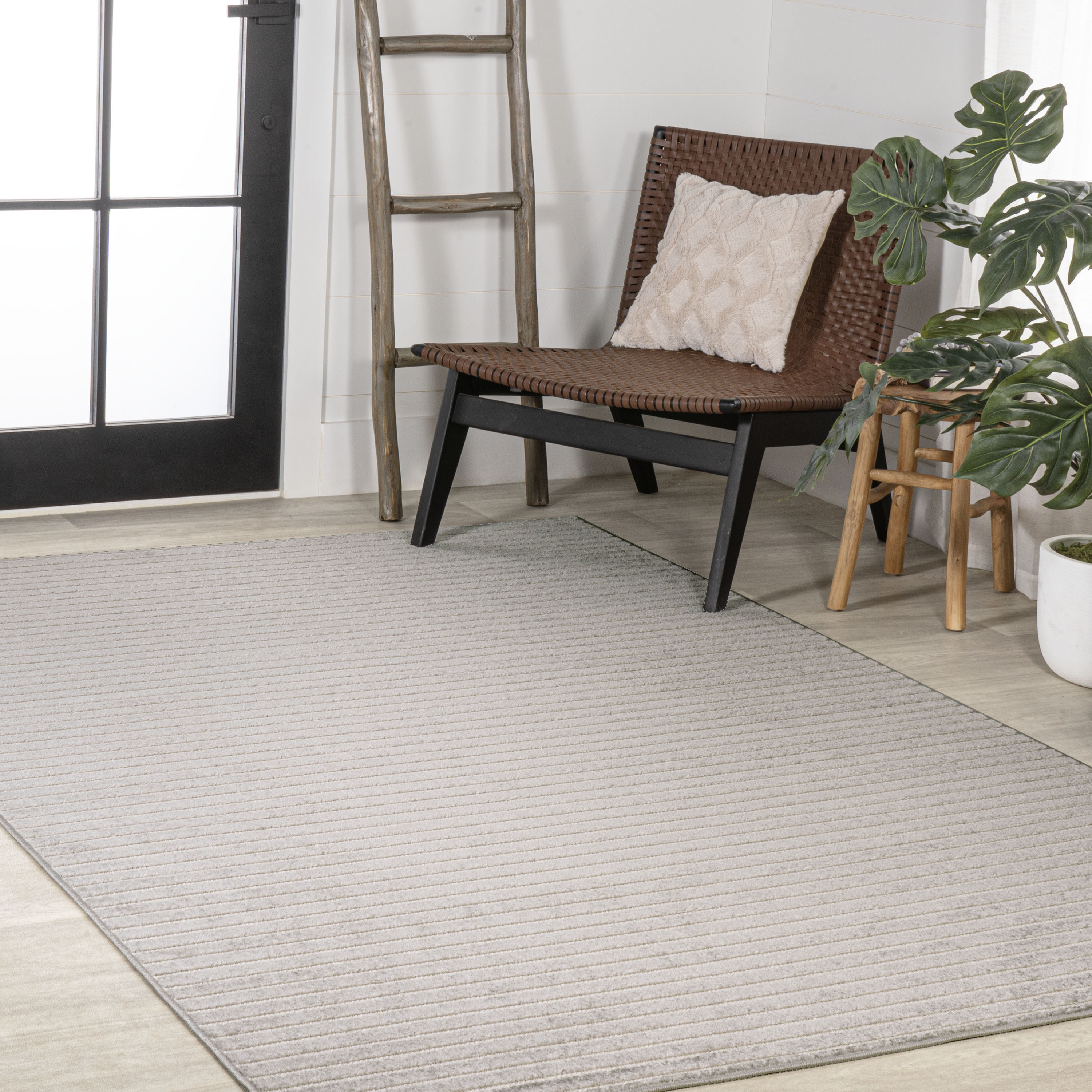 Gray and Ivory Striped Synthetic Reversible Area Rug
