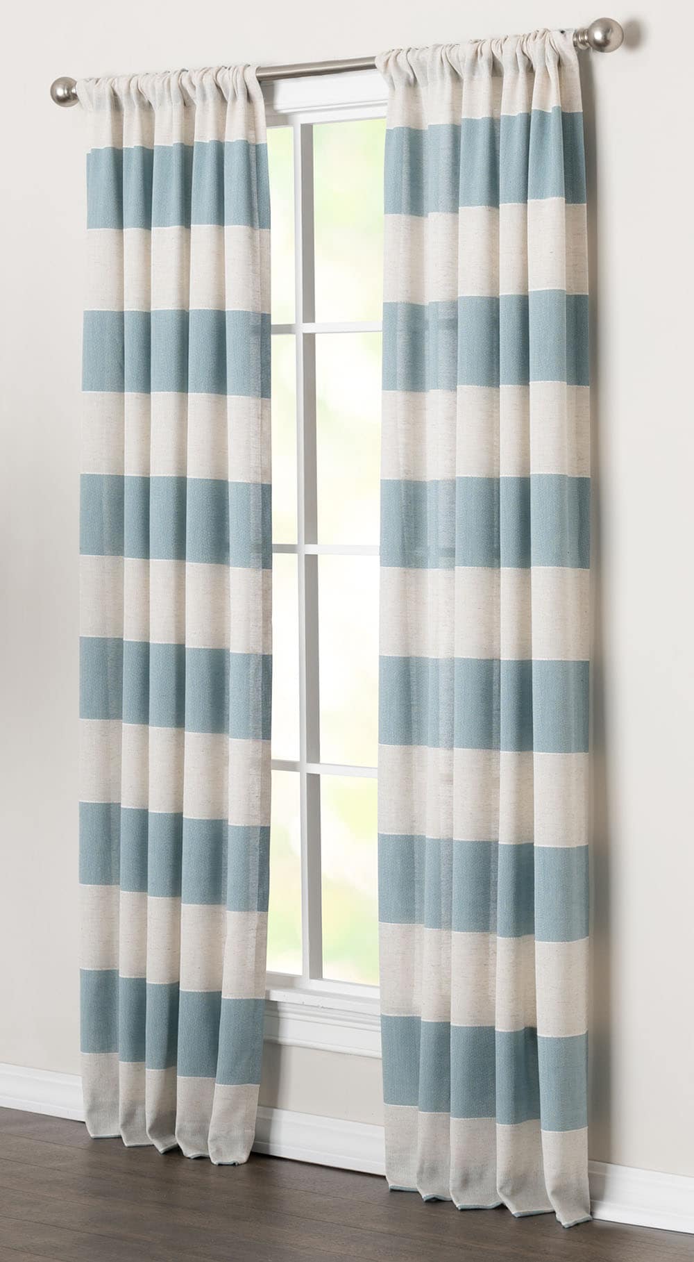 allen + roth X838.03984ZBG 84-Inches Teal Striped Light filtering Rod pocket Single curtain panel