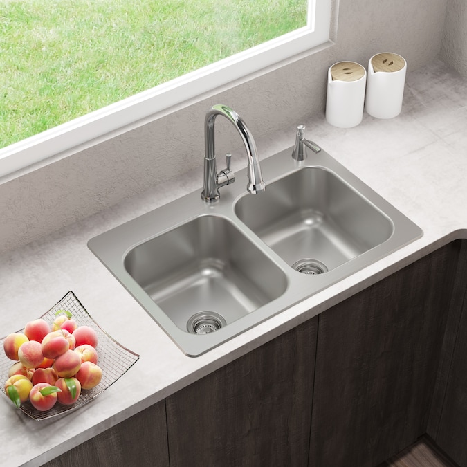 Elkay Dual Mount 33 In X 22 In Stainless Steel Double Equal Bowl 2 Hole Kitchen Sink In The Kitchen Sinks Department At Lowes Com
