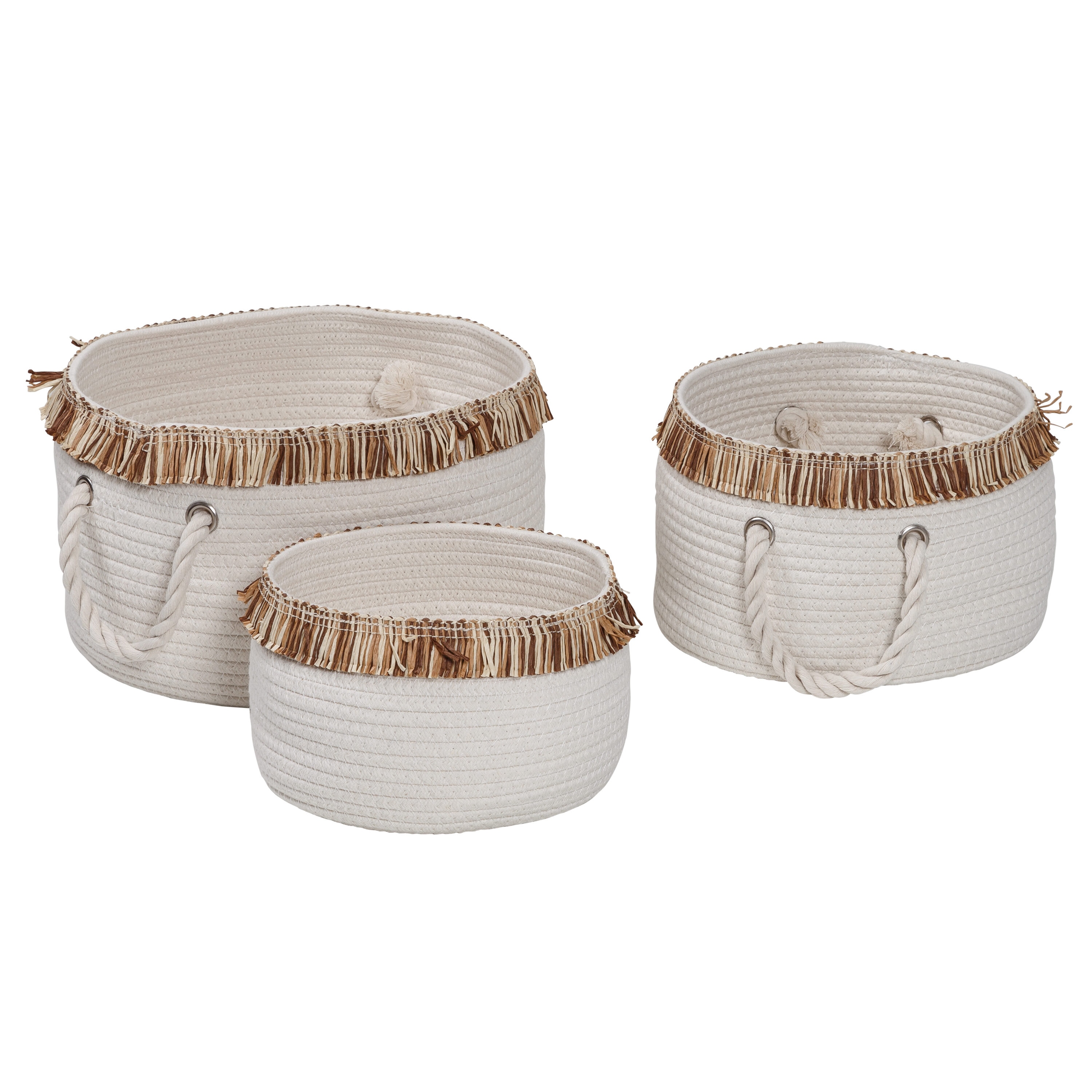 Set of 3 White Cotton Rope Round Baskets with Fringe