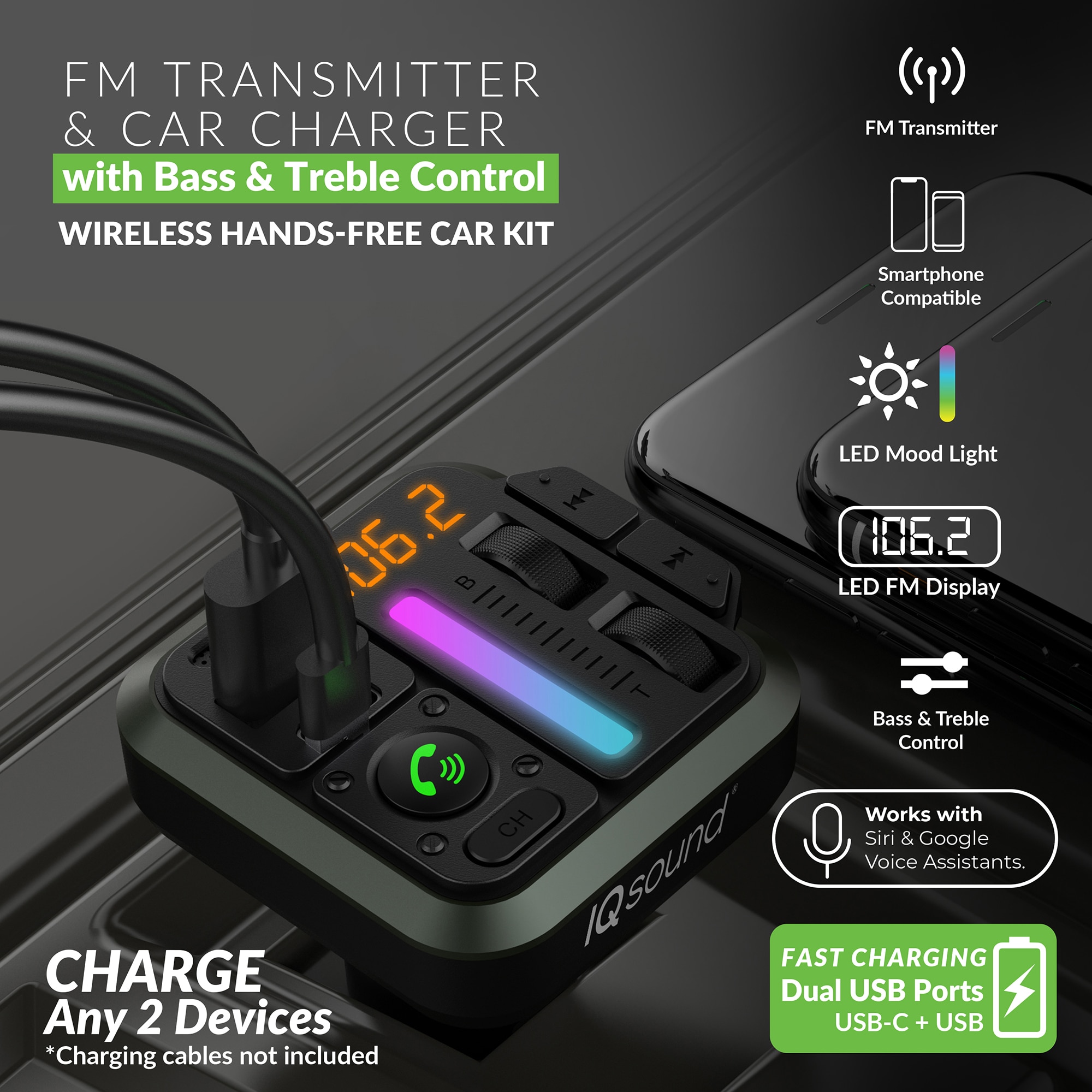 IQ Sound 2-in-1 FM Transmitter and Dual USB-C Car Charger with Bass and ...