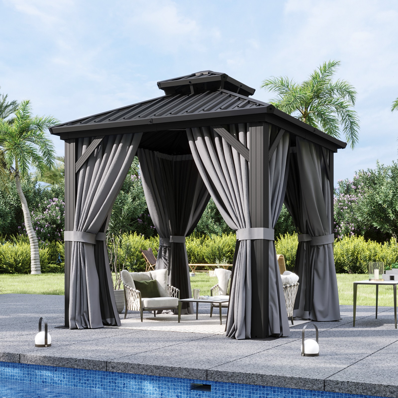 AOXUN AX-421G17 8-ft x 8-ft Outdoor Gazebos Black Gazebo with Hardtop Roof (Screen Included)