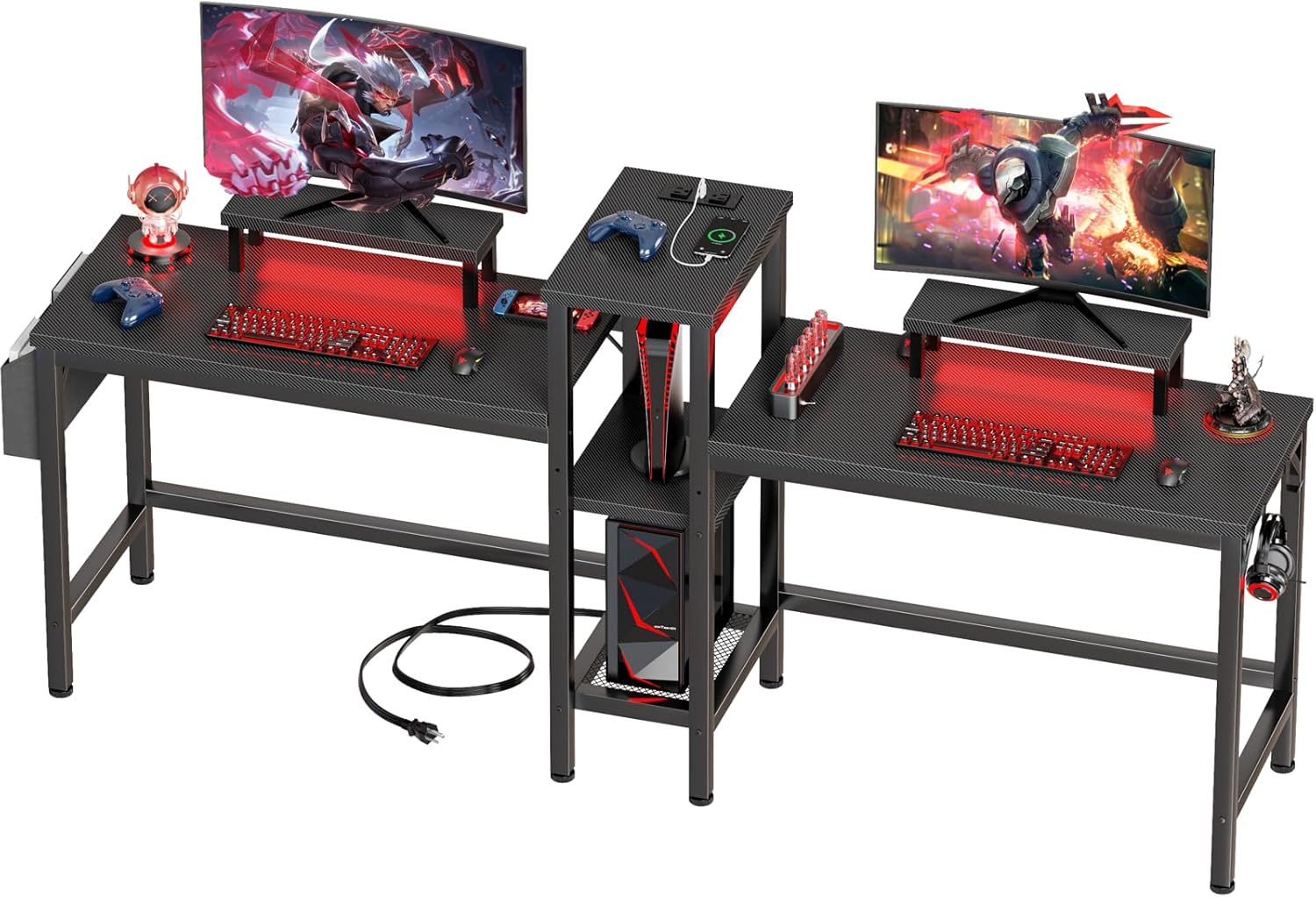 Furologee - 71 Inch Gaming Desk with LED Lights Two Person Computer Desk with Storage Shelves and...