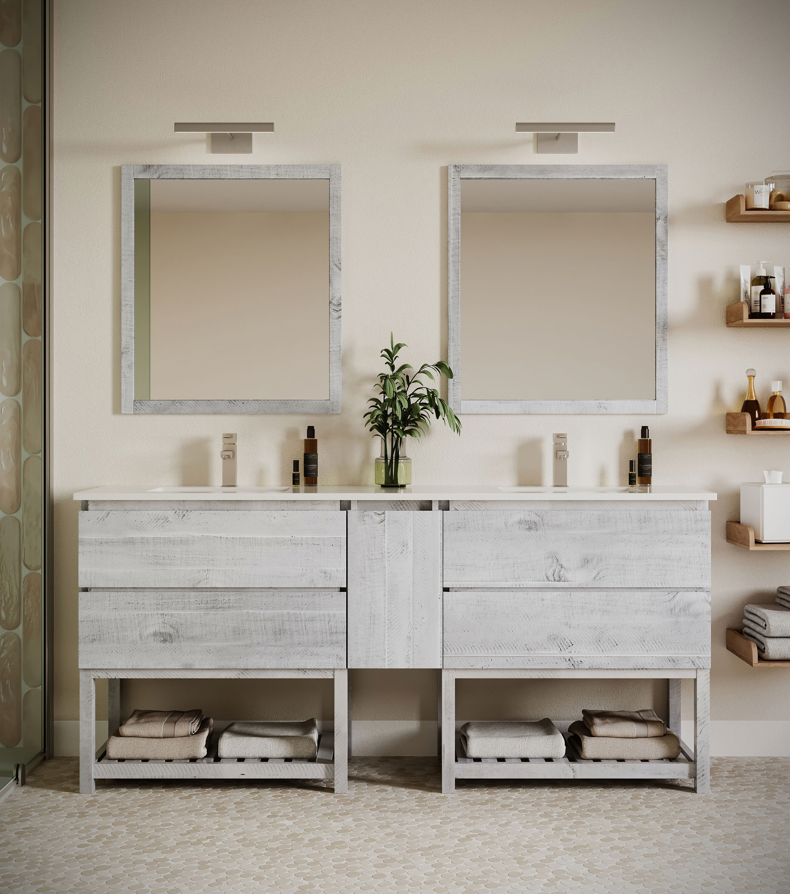 Fresca FVN31-301230RWH-FS Formosa 72-in Rustic White Undermount Double sink Bathroom Vanity with White Quartz Top (Mirror Included)