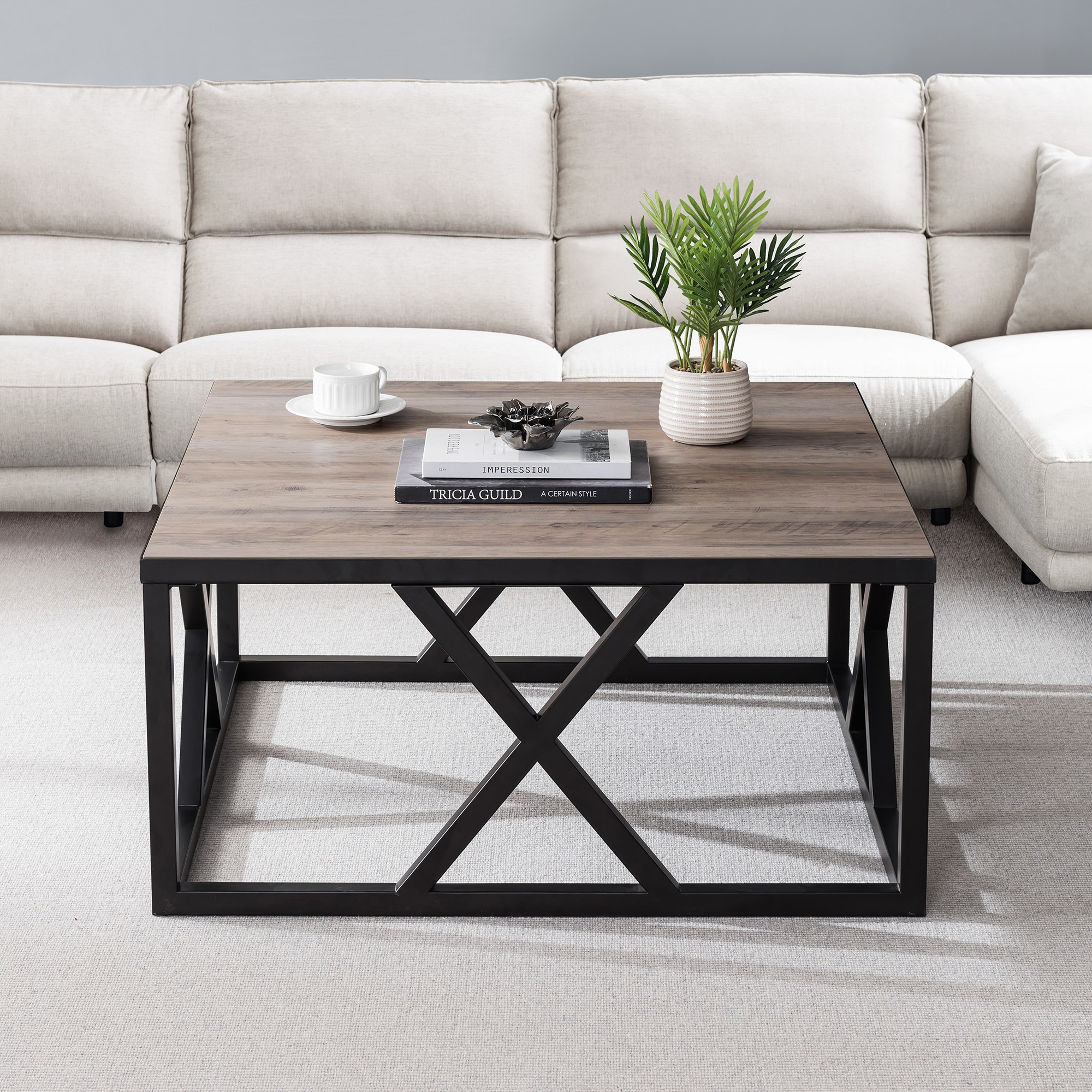 Gray Oak and Blackened Bronze Square Coffee Table with Storage