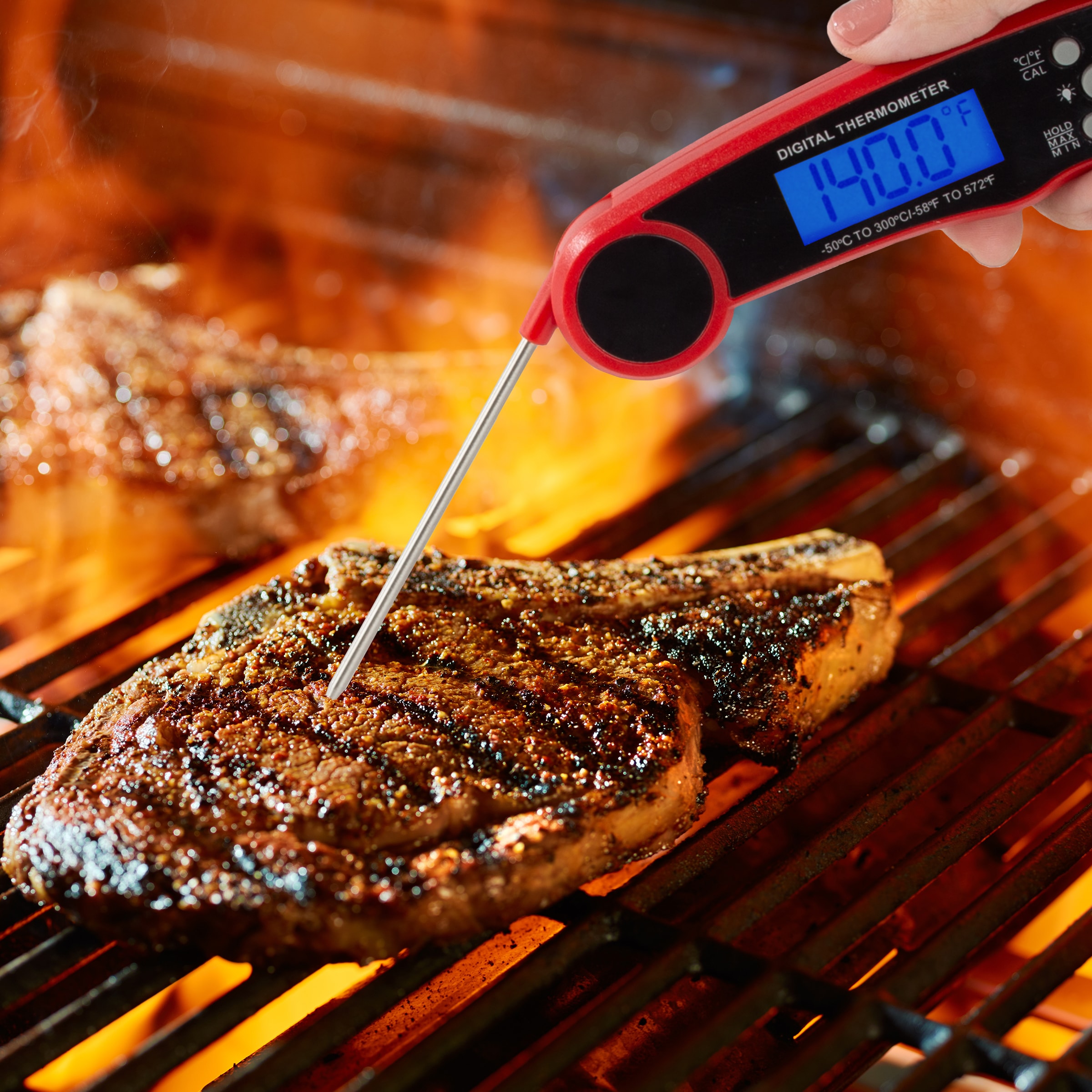 Red Water-Resistant Digital Wireless Meat Thermometer