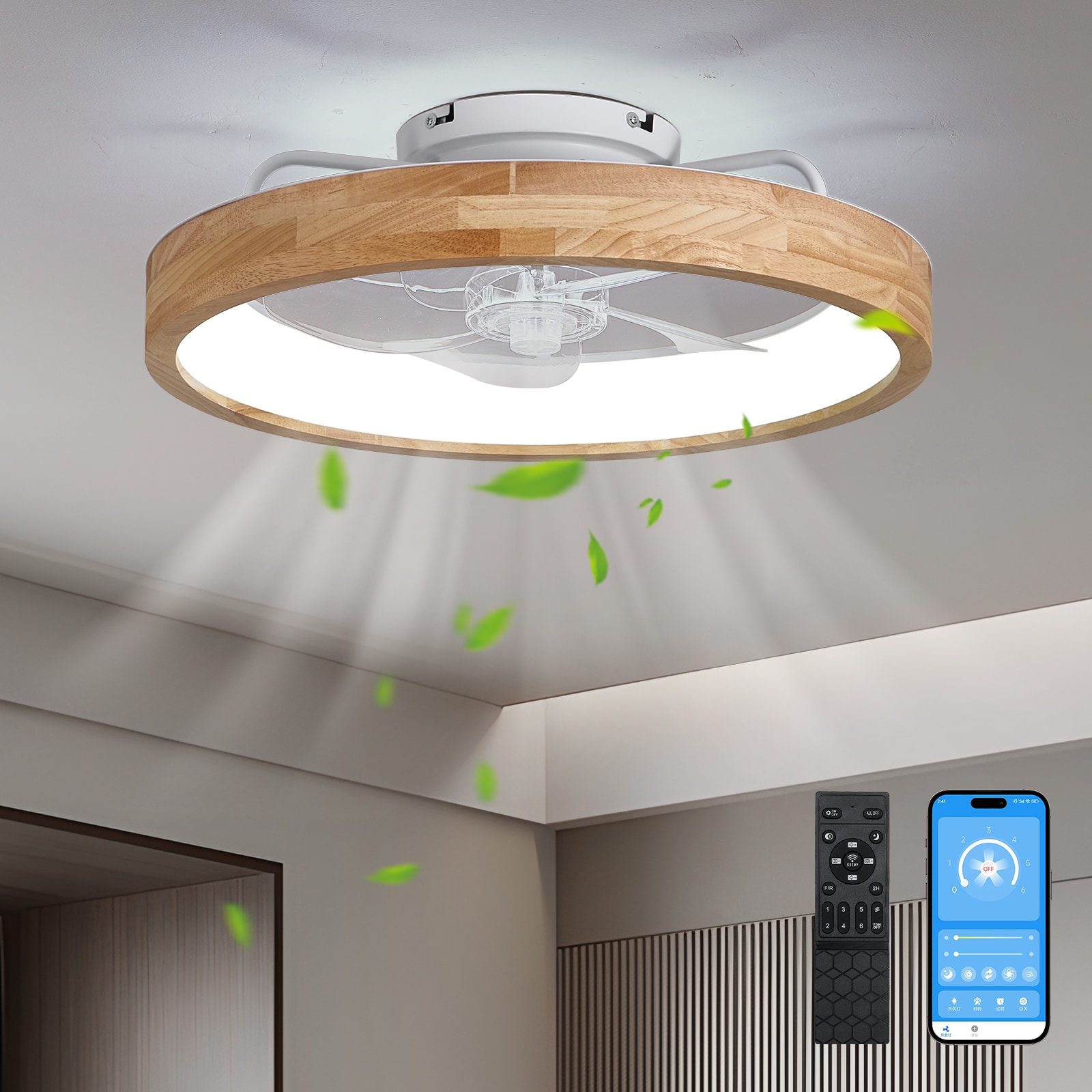 JUSHUA 20 Inchs Low Profile Flush Mount Wooden Ceiling Fan with Remote and Light3000-6000K Dimmable 6 Speeds Reversible Small Fans Light