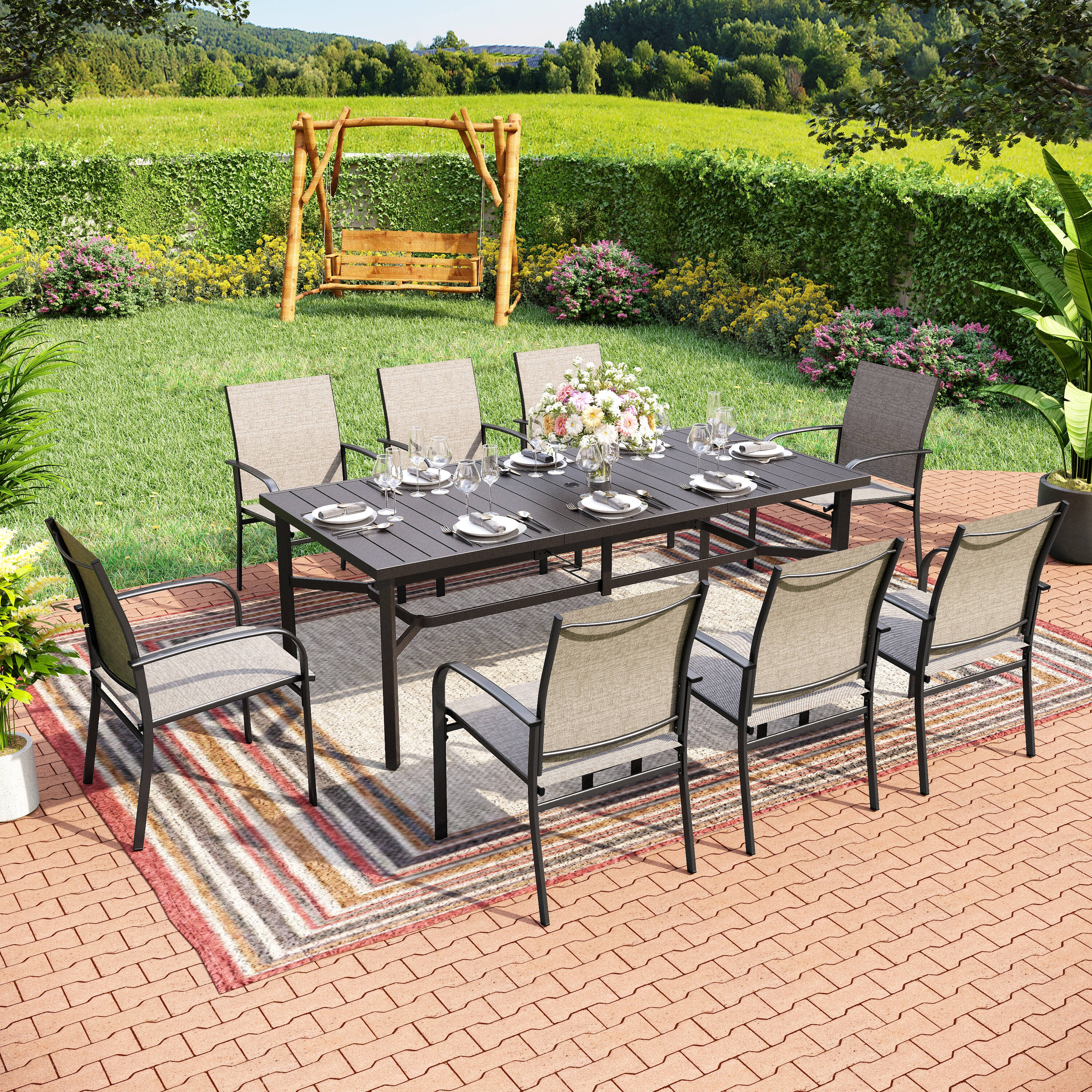 Sunshine Valley TC9-153Z-453 Outdoor Table and Chairs 9 -Piece Black Patio Dining Set Steel Rectangle Table with 8 Brown Stationary Chairs