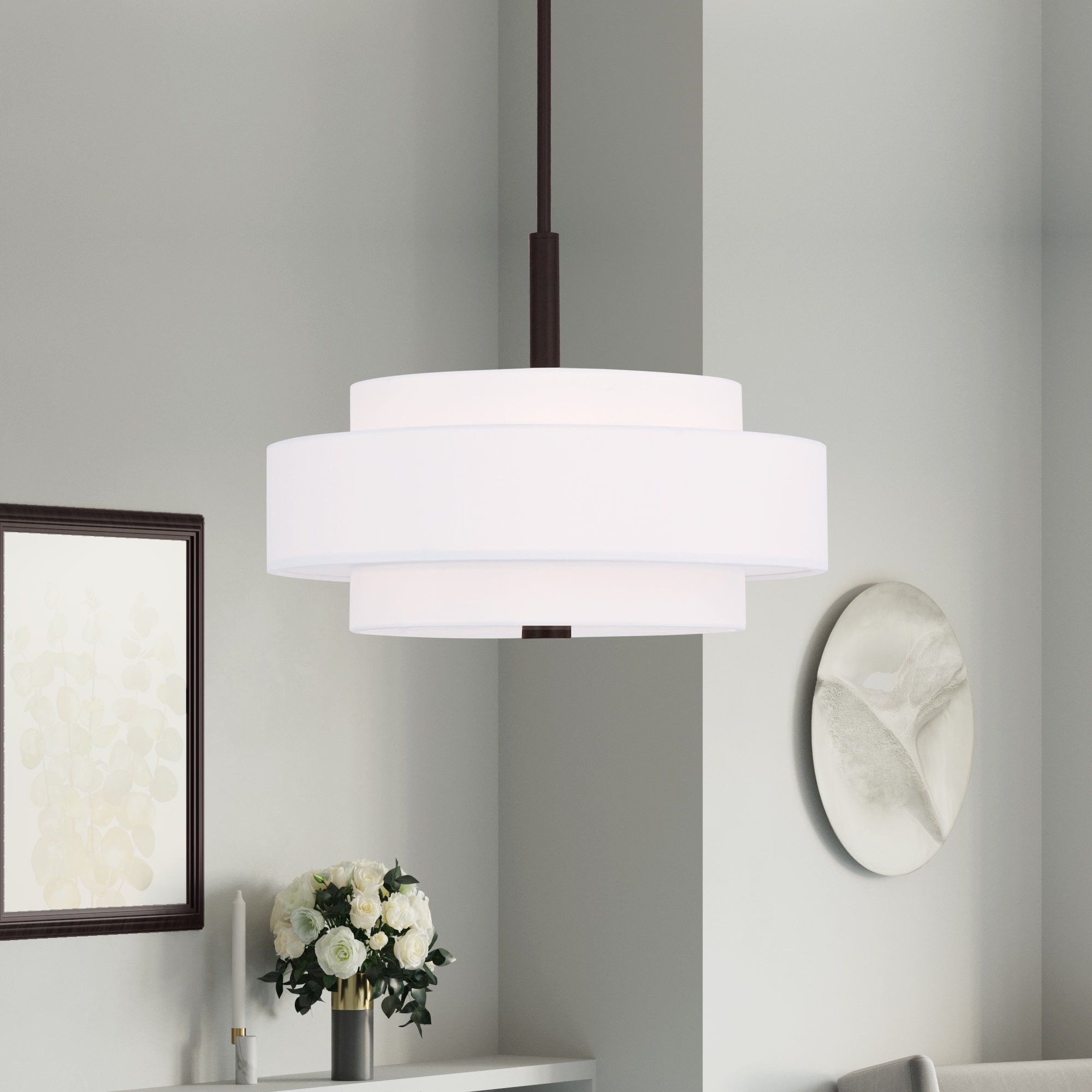 Bronze 4-Light Pendant with Off-White Drum Shade