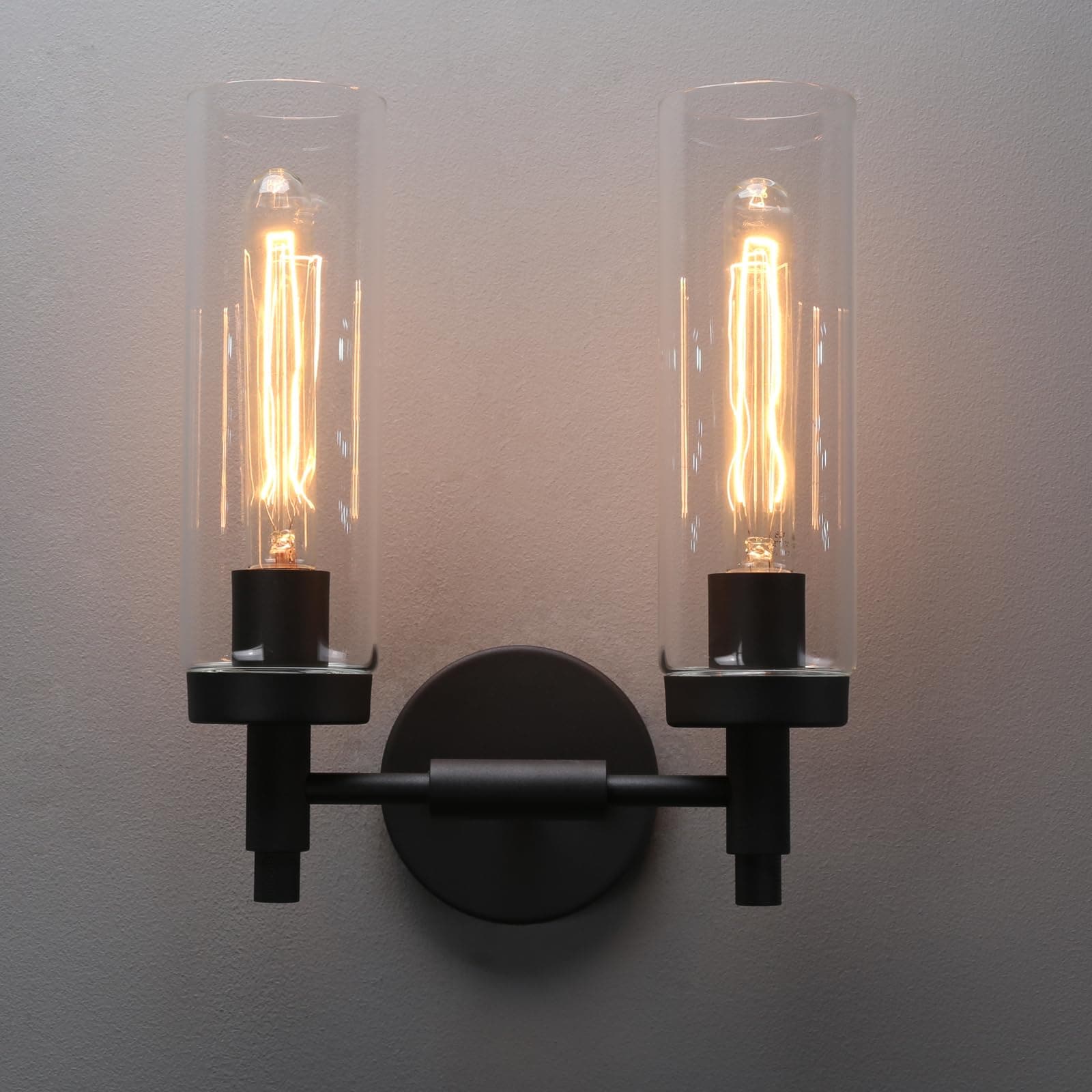 Ahfiwaso  Rustic Industrial Wall Sconce Light with Tubular Clear Glass Lampshade Double Sconce Matte Black Finish durable home and garden