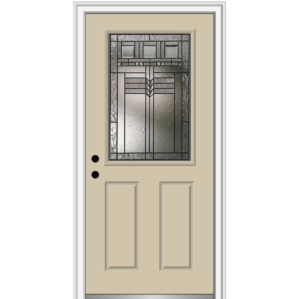 MMI DOOR ZZ3664085R 32-in x 80-in x 4-9/16-in Fiberglass Half lite Right-hand inswing Wicker Painted Prehung Front Door with Brickmould Insulating core