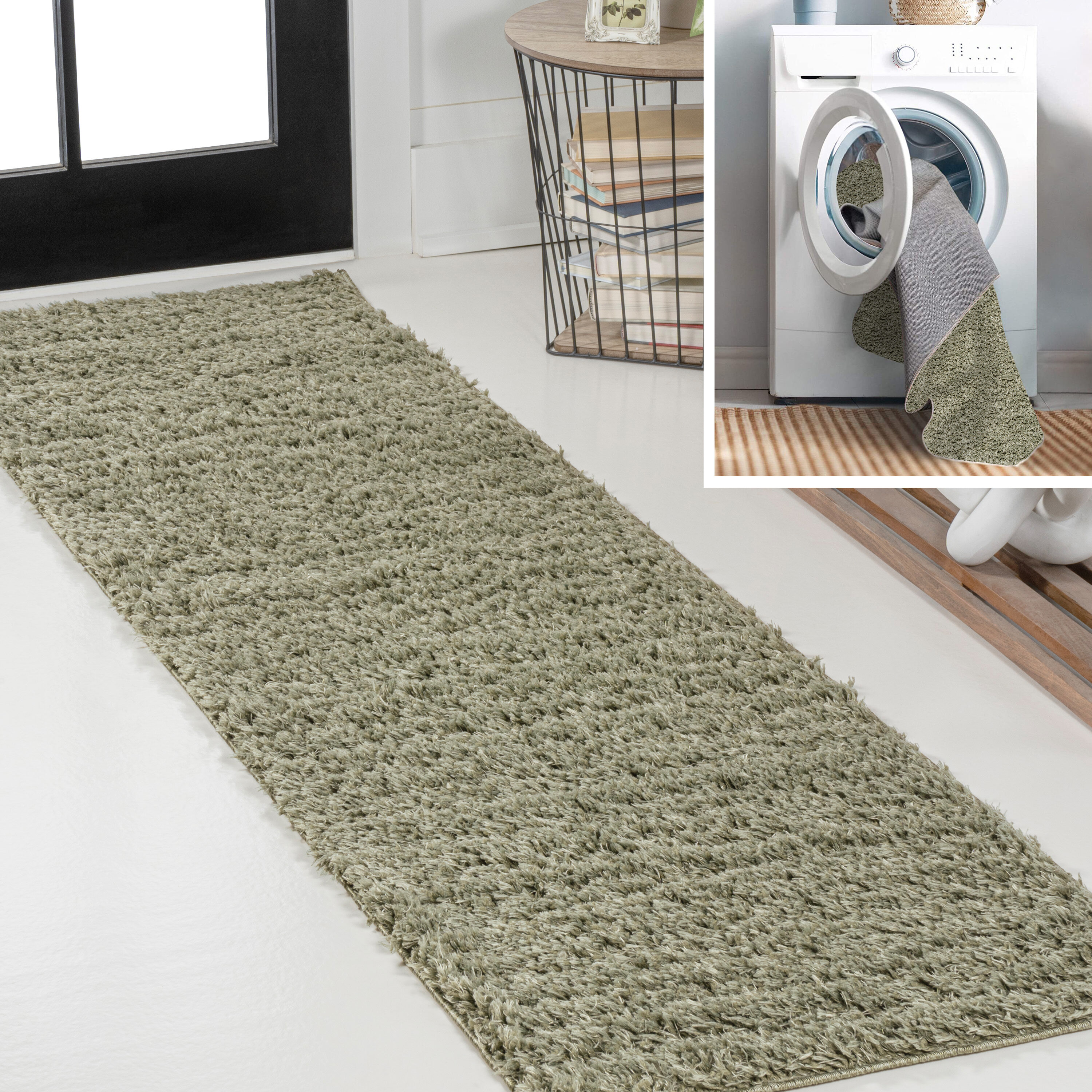 JONATHAN  Y WSH400J-28 WASHABLE Clayton Coastal Solid Glam Shag 2 x 8 (ft) Loomed Polyester Green Rectangular Indoor Solid Coastal Machine washable Runner rug