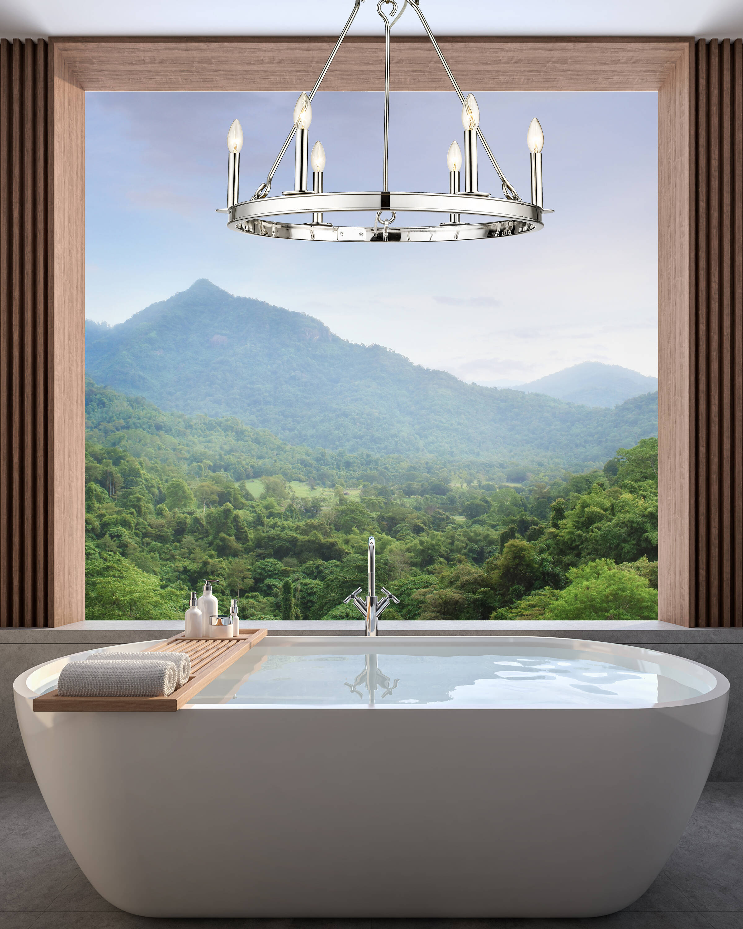 Polished Nickel 6-Light Candle Chandelier with Round Frame