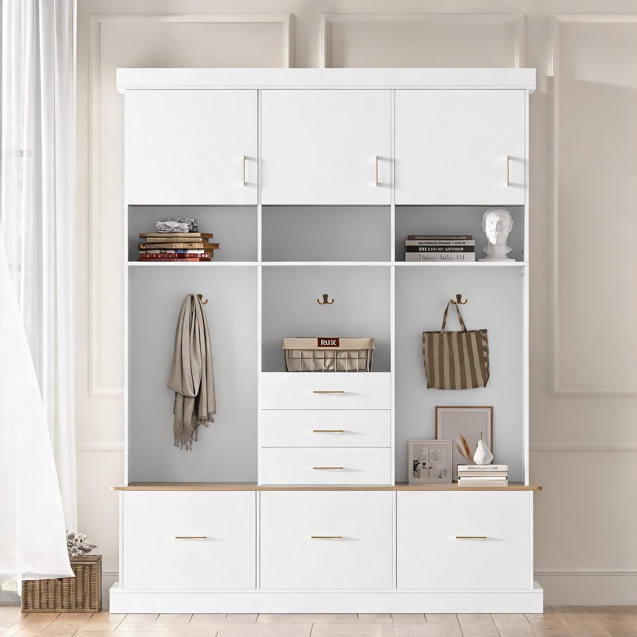 Watnature Storage Bench in White 75 ft with Shelving Entryway MDF White MDF Metal Frame