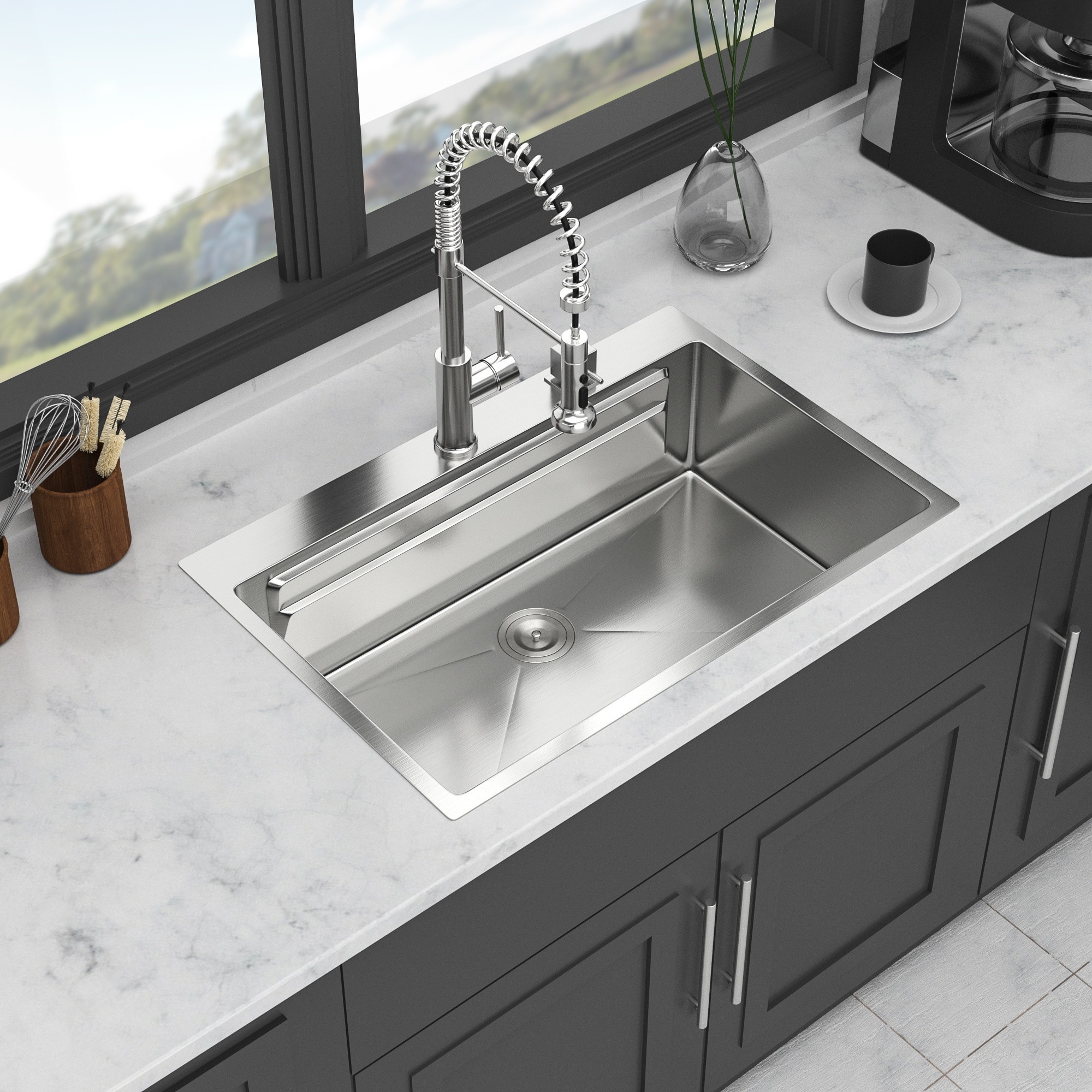 LIVACA 33 inch Brushed Nickel Stainless Steel Drop-in Topmount Single Bowl Kitchen Sink with Dual-Tier Ledge Workstation