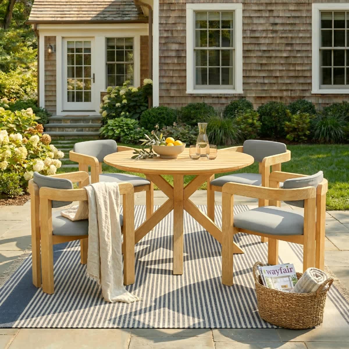 Coolbibila 5 Piece Patio Dining Set with Round Table Acacia Wood Barrel Chairs with Gray Cushions