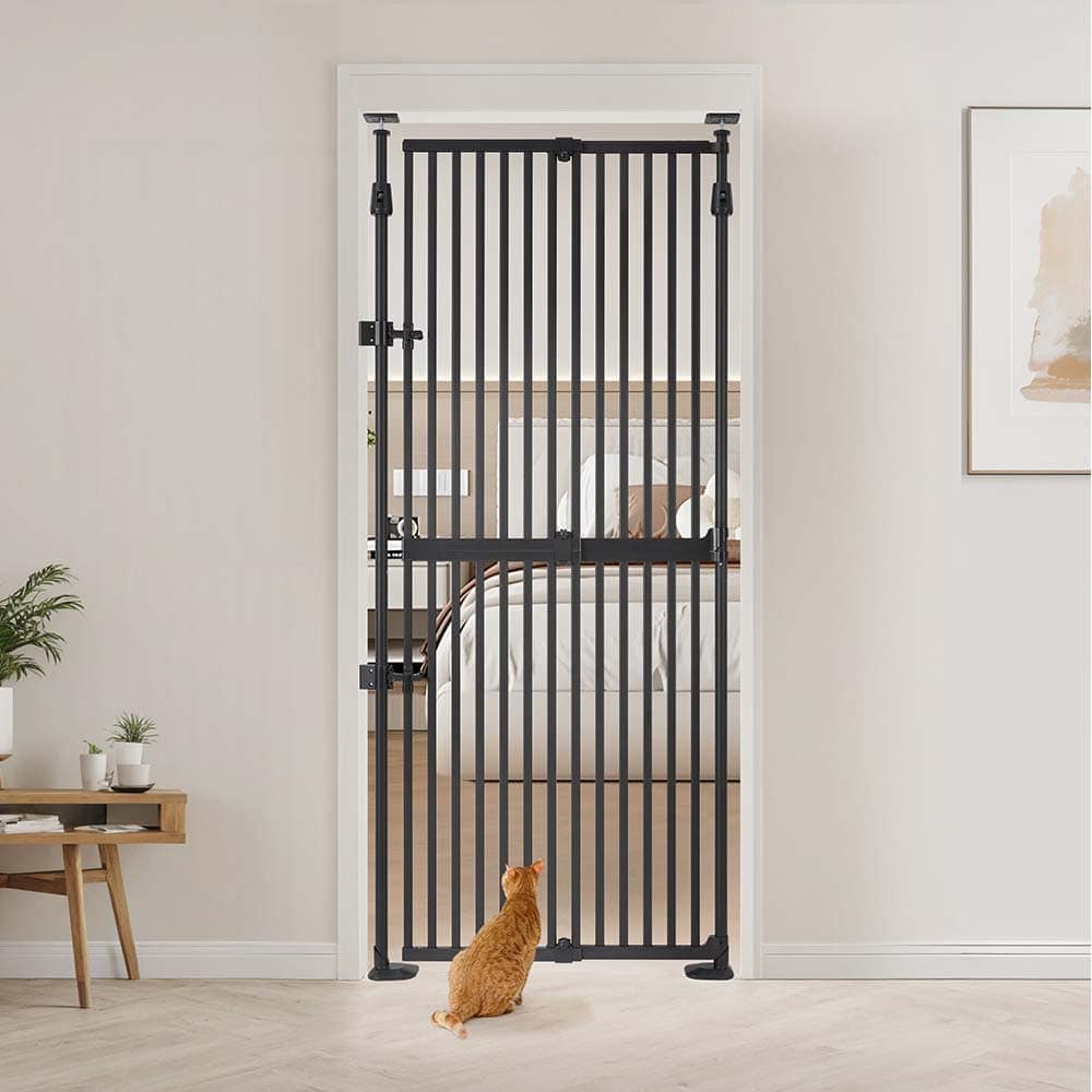 UNIPAWS  Narrow Extra Tall Floor to Ceiling Pet Gate Pressure Mounted No Trip Cat Gate Black 21 to 34 Inch Wide 75 to 98 Inch High