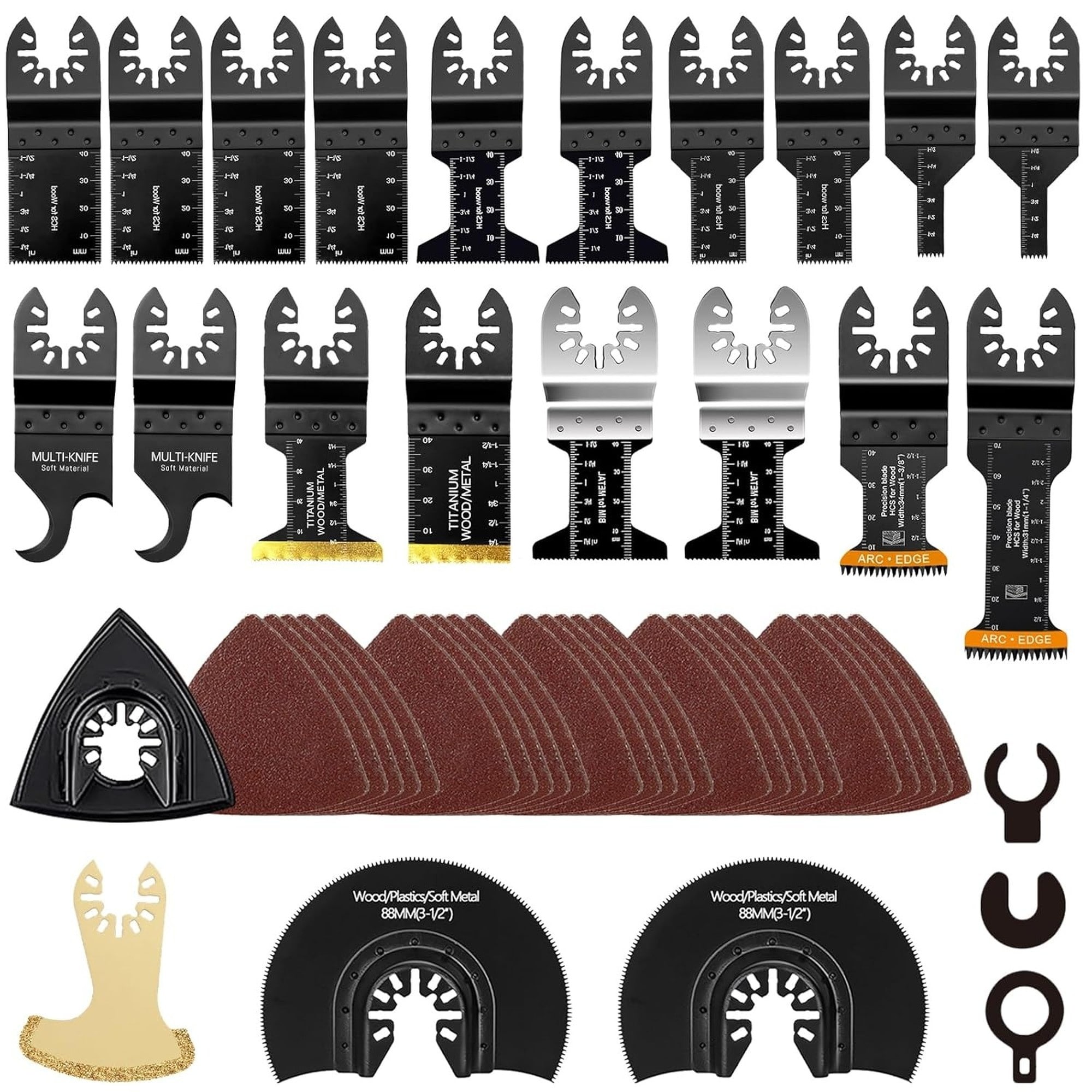 Angel Sar 50 Pcs Universal Oscillating Tool Blade Kit 13 Types Titanium Multitool Blades and Sandpaper for Cutting