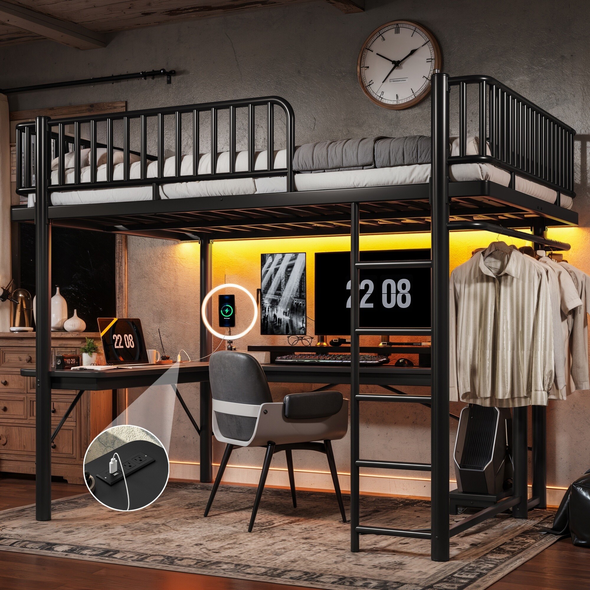 UOI Queen Black Metal Loft Bed with L-Shaped Desk LED Light Strip and ...