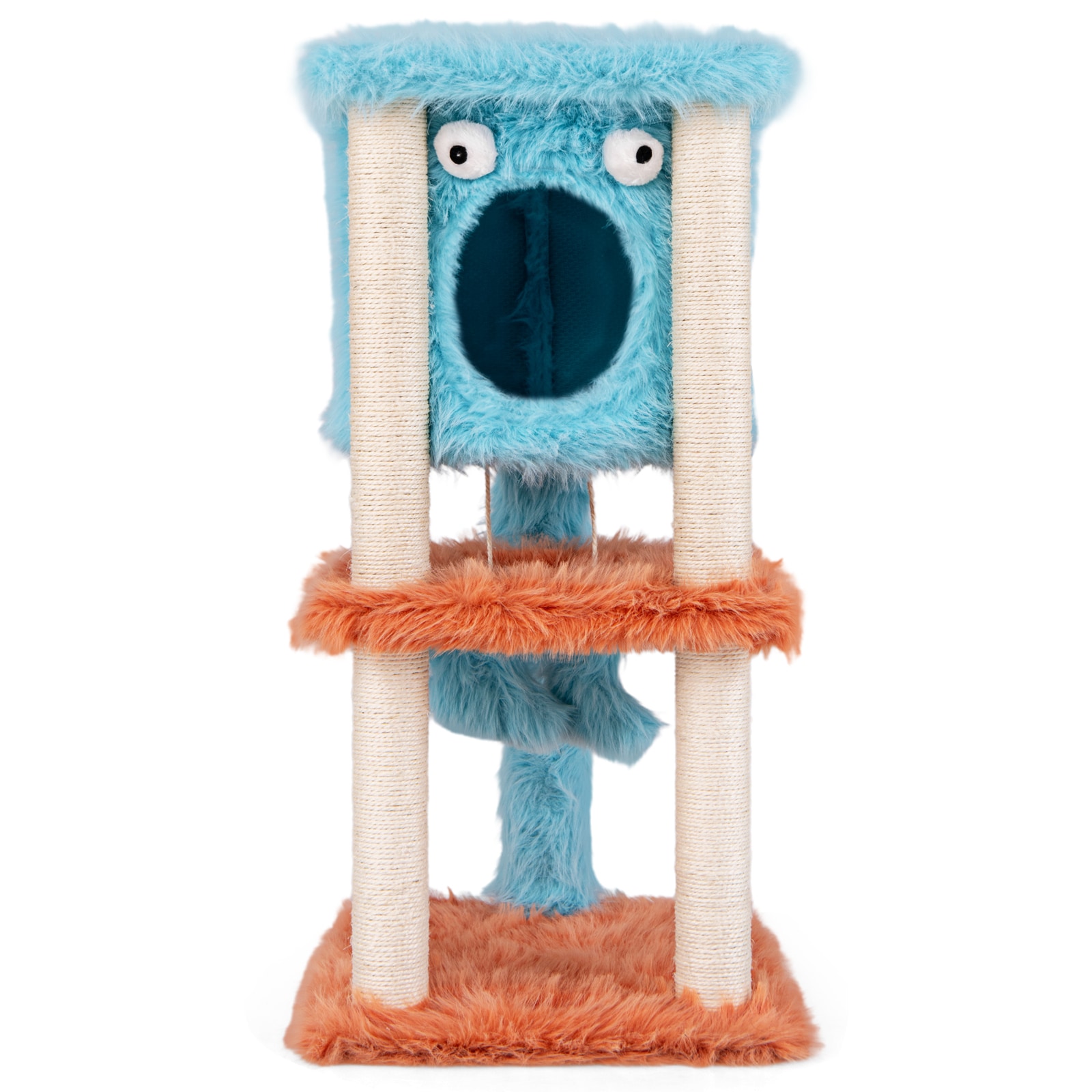 Slickblue D-CO-LB88101VP 34 x 19 Blue and Orange Cat Tree - Long Plush Fabric Cat Activity Tower with 3 Levels Sisal Posts and Play Toys for Apartment Use