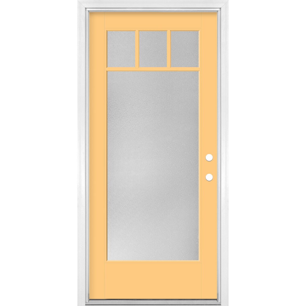 Masonite 1524589 36-in x 80-in x 4-9/16-in Fiberglass Full lite Left-hand inswing Cabana Yellow Painted Prehung Single door Front Door with Brickmould Insulating core Simulated divided light